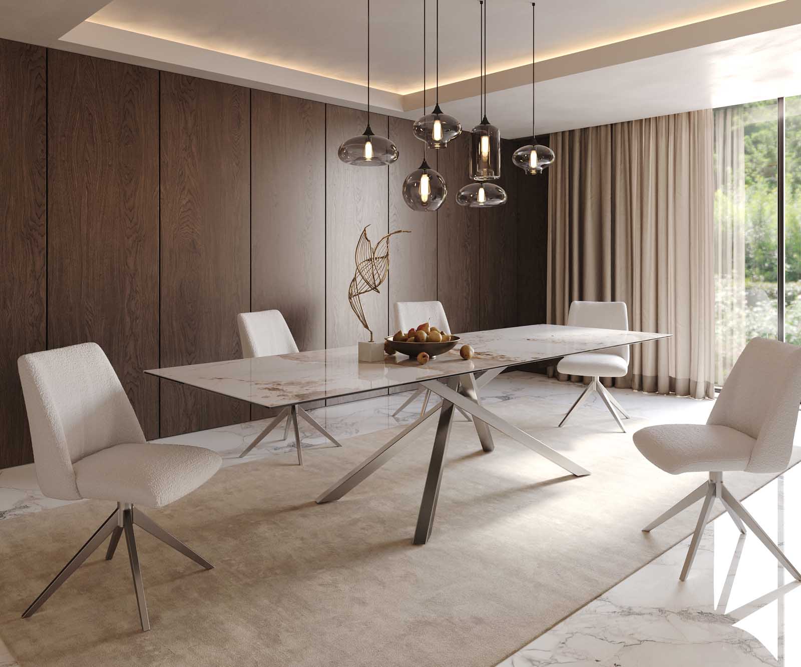 Esstisch Edge 300x100 Keramik Minas Melange Weiß-Beige Kreuzgestell Rechteck Edelstahl 8
