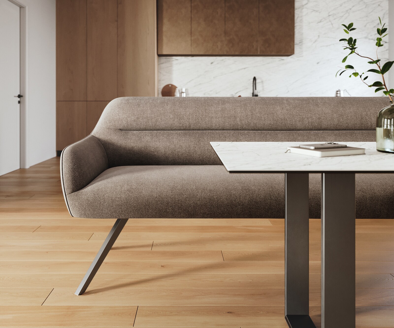 Esszimmerbank Taya-Flex 200 cm Strukturstoff Soft Taupe Kreuzgestell kantig Graphit Taschenfederkern 2