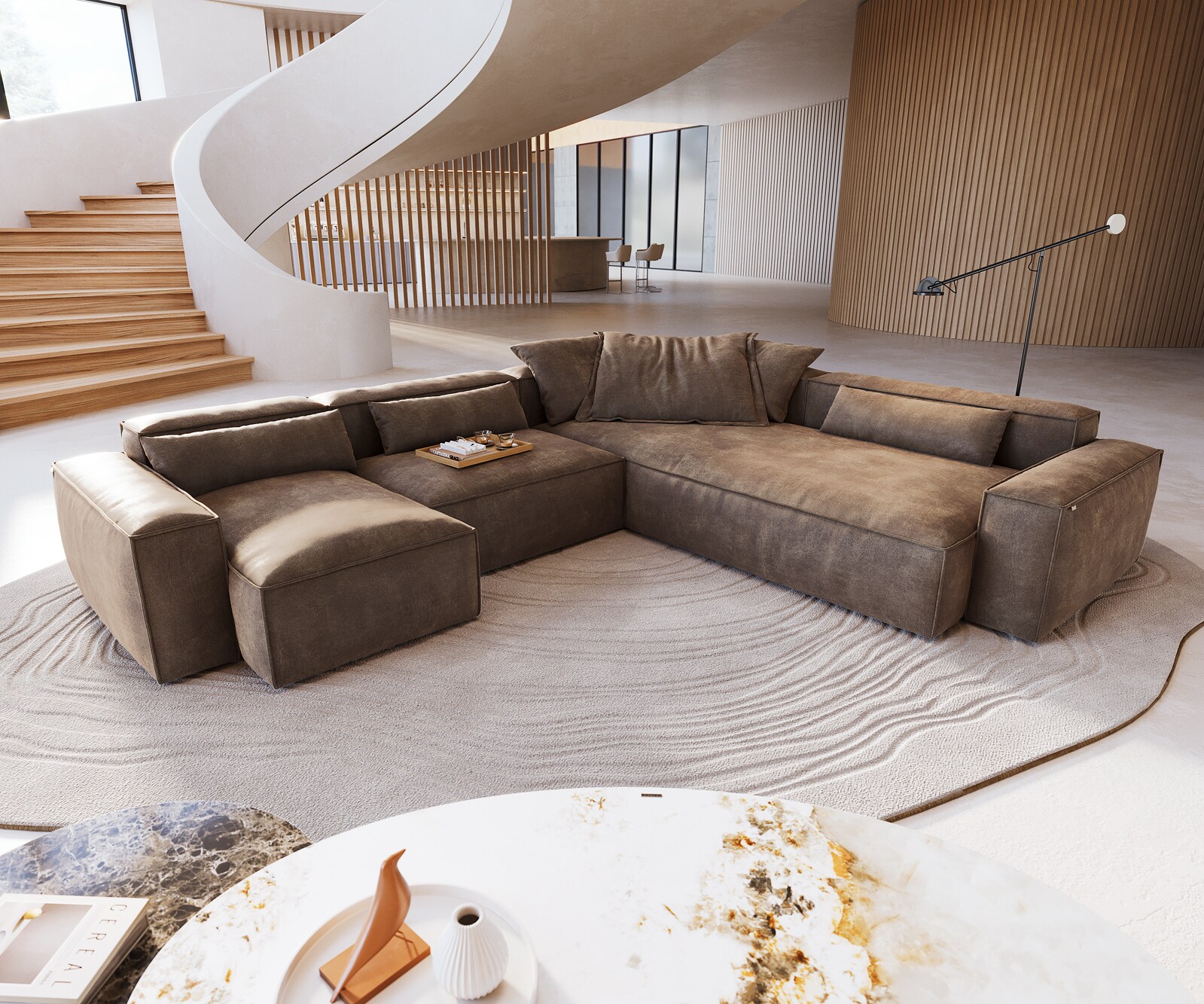 Wohnlandschaft Freestyle 360x290 cm Mikrofaser Taupe Vintage Kedernaht