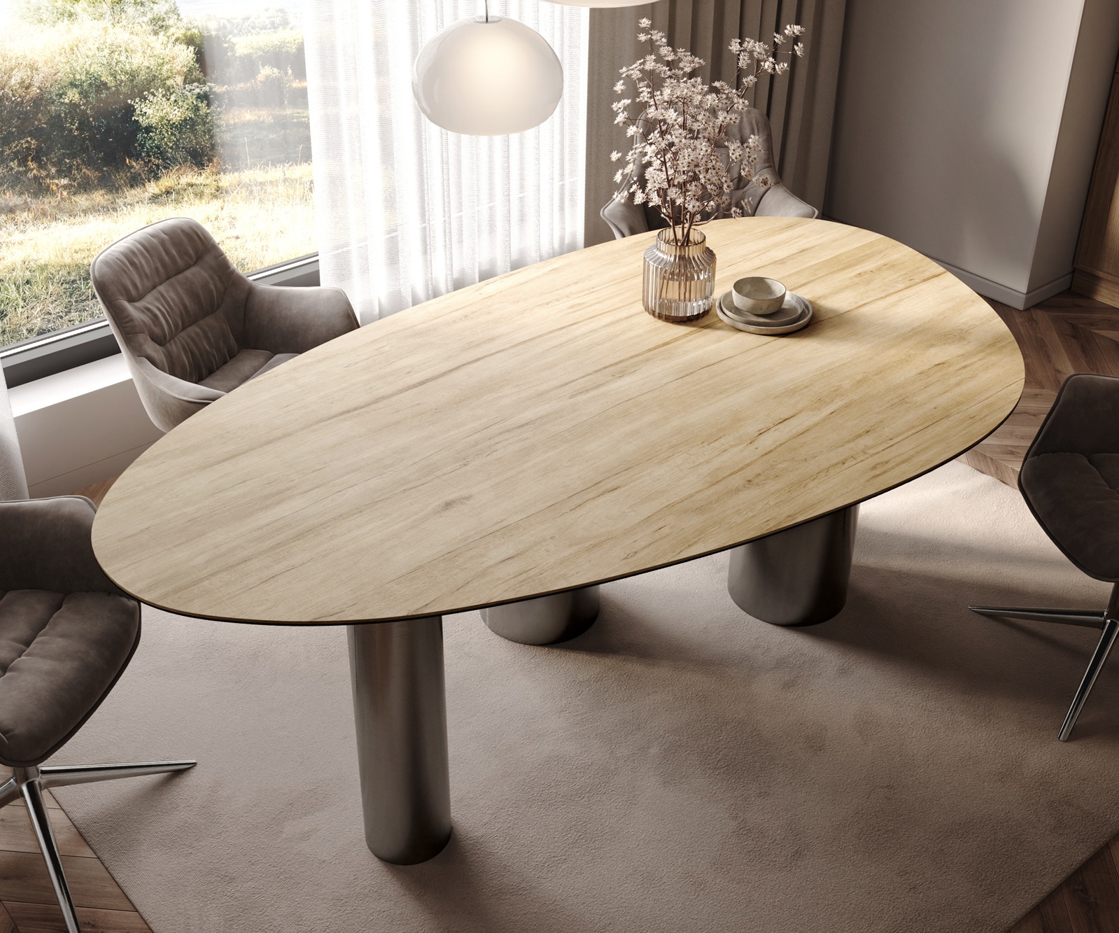Esstisch Edge Oval 220x120 Keramik Laminam® Sabbia Eichefarbig Pilier Edelstahl Graphit 4