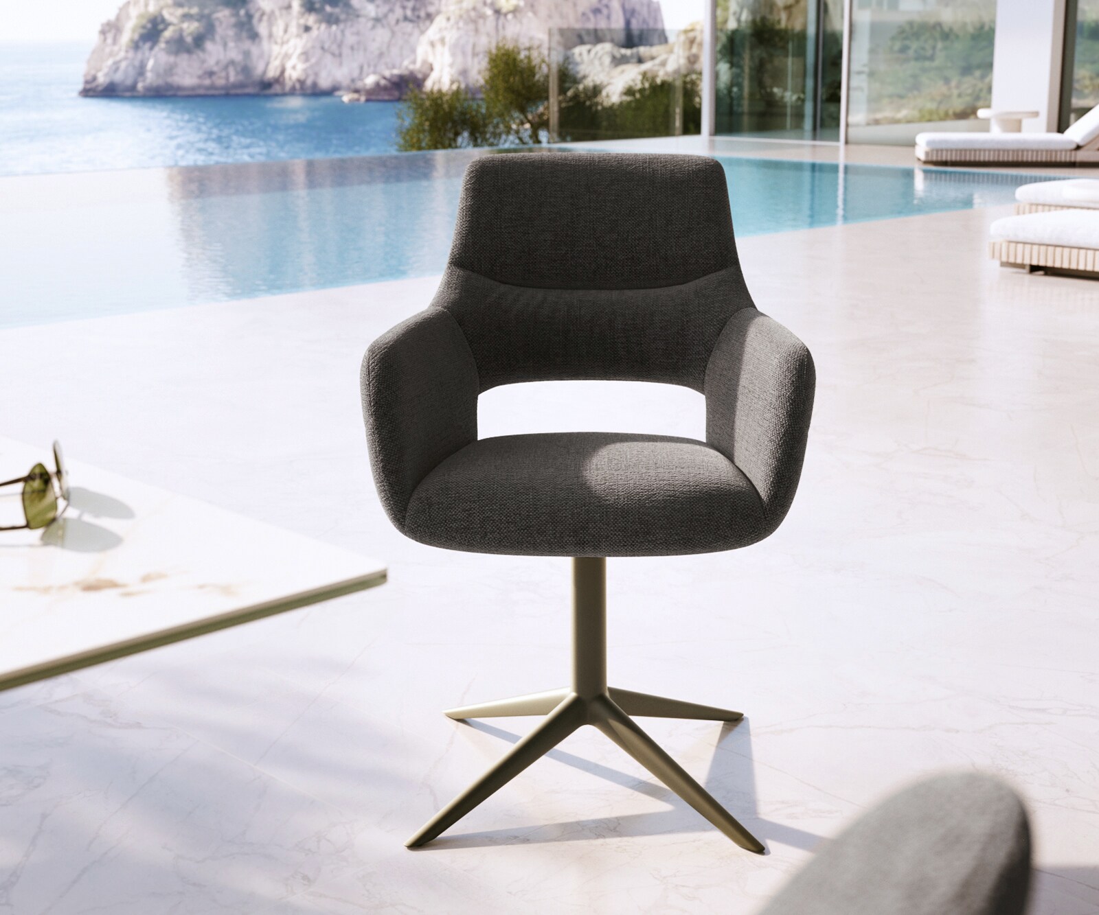 Outdoorstuhl Yago-Flex mit Armlehnen Strukturstoff Graphit Fußkreuz Effektfinish Titan 360° drehbar Wippfunktion 1