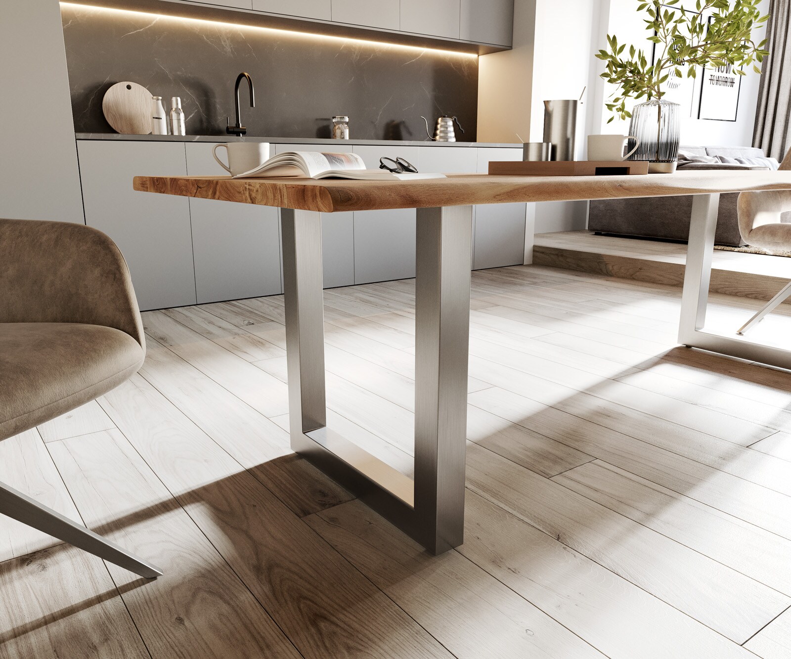 Esstisch Edge 260x100 Akazie Natur Edelstahl Breit Live-Edge 4