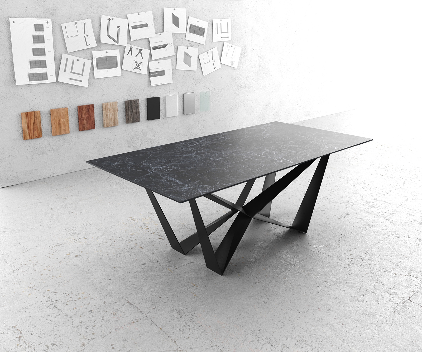 Esstisch Edge 200x100cmKeramik Laminam®Nero Greco Anthrazit Mittelfuß Flachstahl Schwarz Esstisch Edge 200x100cmKeramik Laminam®Nero Greco Anthrazit Mittelfuß Flachstahl Schwarz