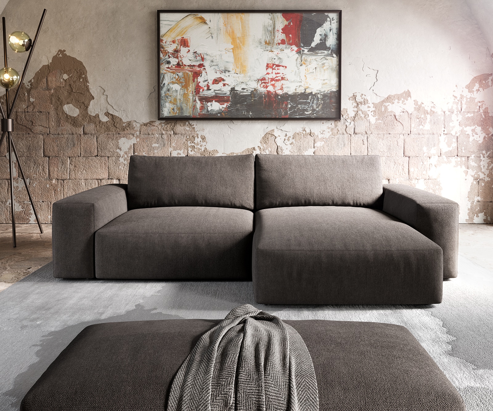 Ecksofa Lanzo XL 270x180 cm Mikrofaser Khakibraun Recamiere variabel mit Hocker 1 Ecksofa Lanzo XL 270x180 cm Mikrofaser Khakibraun Recamiere variabel mit Hocker 1
