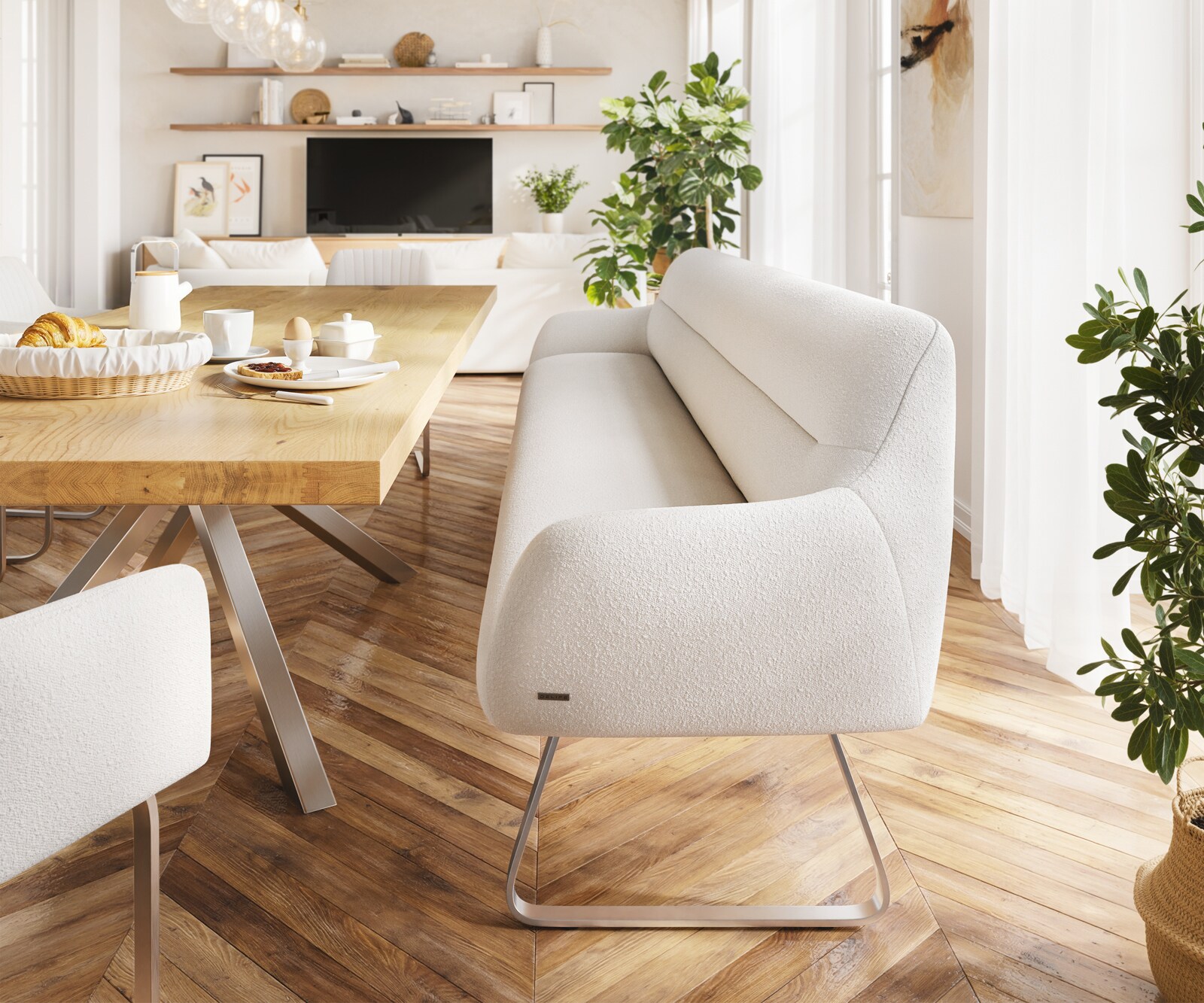 Esszimmerbank Taya-Flex 300 cm Bouclé Creme-Weiß Kufengestell flach Edelstahl Taschenfederkern 1