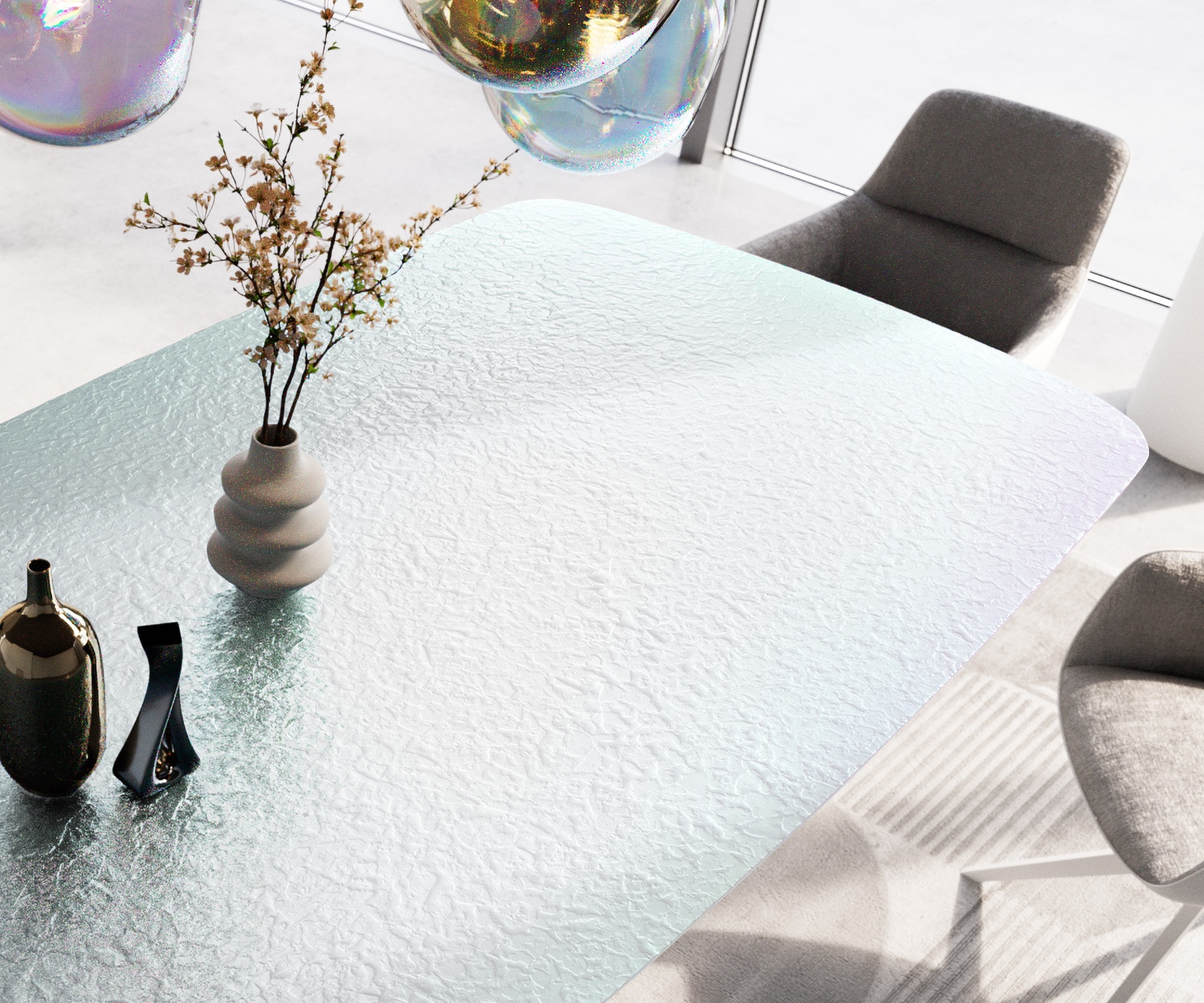 Esstisch Edge Boot 240x120 Reliefglas Perlmutt 3D-Design Estelar rund Metall Weiß 4 Esstisch Edge Boot 240x120 Reliefglas Perlmutt 3D-Design Estelar rund Metall Weiß 4