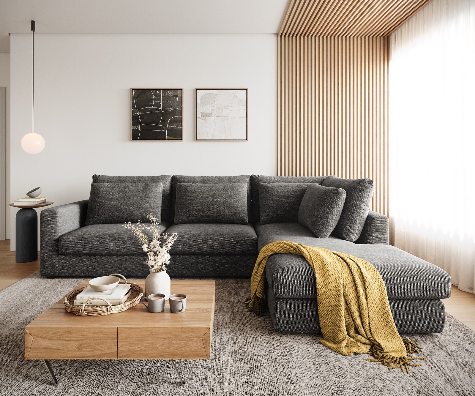 Ecksofa Isla 330x225 cm Chenille Anthrazit Ottomane rechts 1