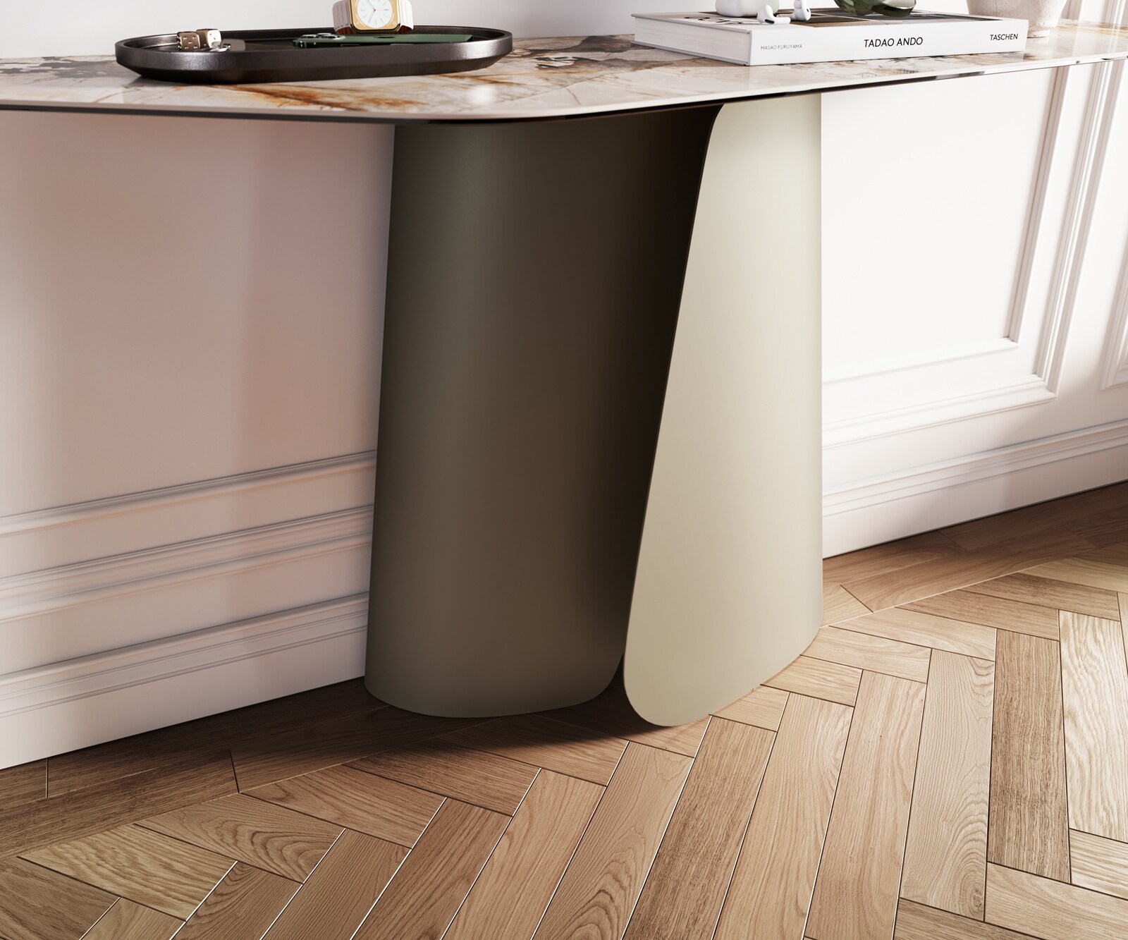 Konsolentisch Edge Polygonal 140x50 cm Keramik Patagonia Poliert Livos Metall Effektfinish Titan 5