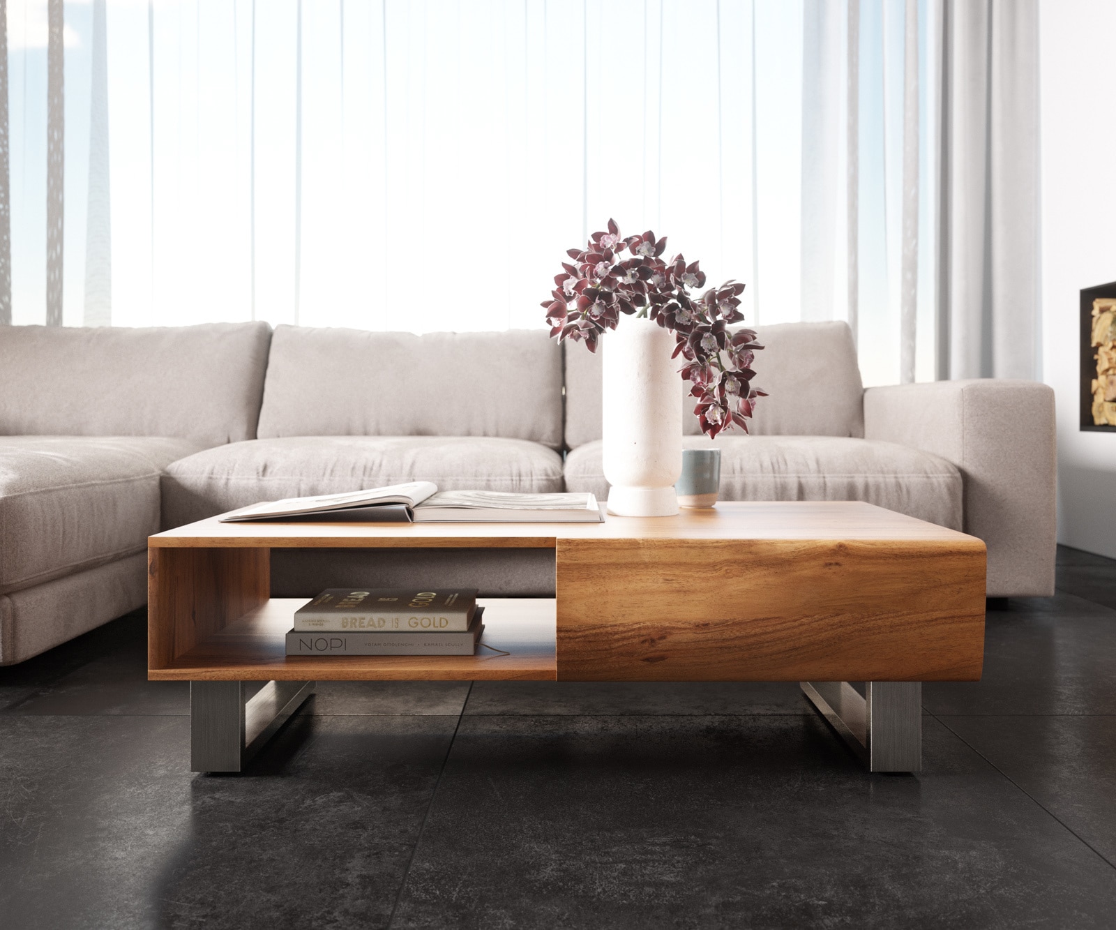 Couchtisch New Live-Edge 115x60 cm Akazie Natur 2 Schubladen 1 Fach Kufe Edelstahl gebürstet 1 Couchtisch New Live-Edge 115x60 cm Akazie Natur 2 Schubladen 1 Fach Kufe Edelstahl gebürstet 1