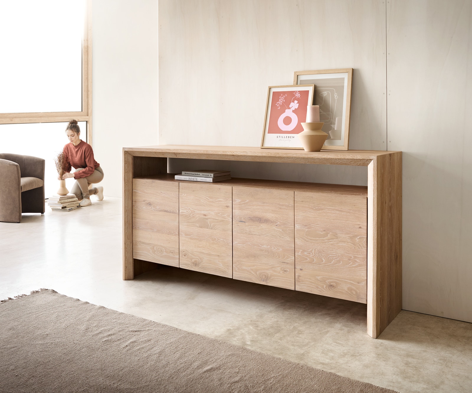 Sideboard Assuan 175 cm Eiche Gekalkt 4 Türen 1 Fach Sideboard Assuan 175 cm Eiche Gekalkt 4 Türen 1 Fach