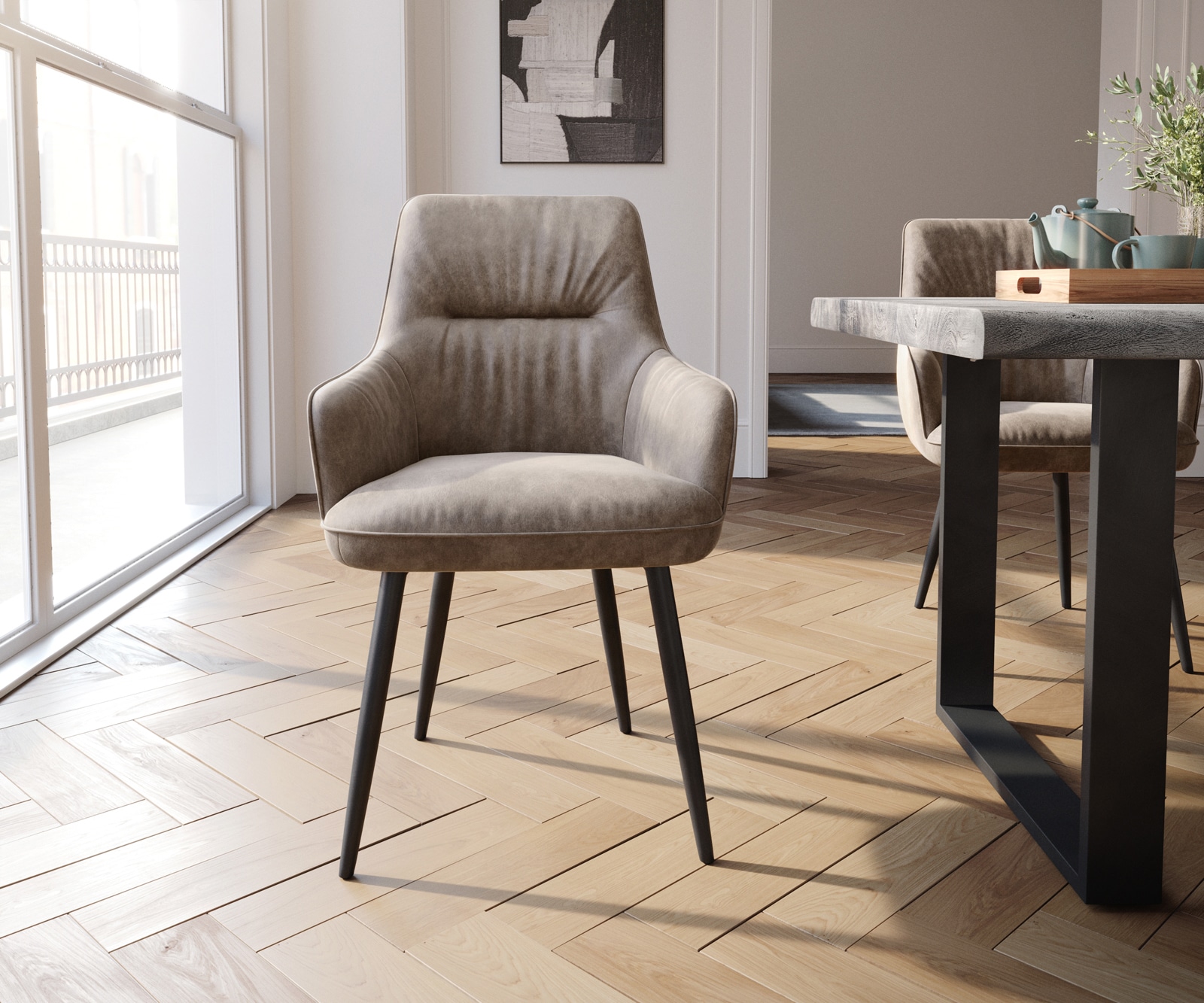 Esszimmerstuhl Zelia-Flex mit Armlehnen Mikrofaser Taupe Vintage 4-Fuß konisch Schwarz Taschenfederkern 2