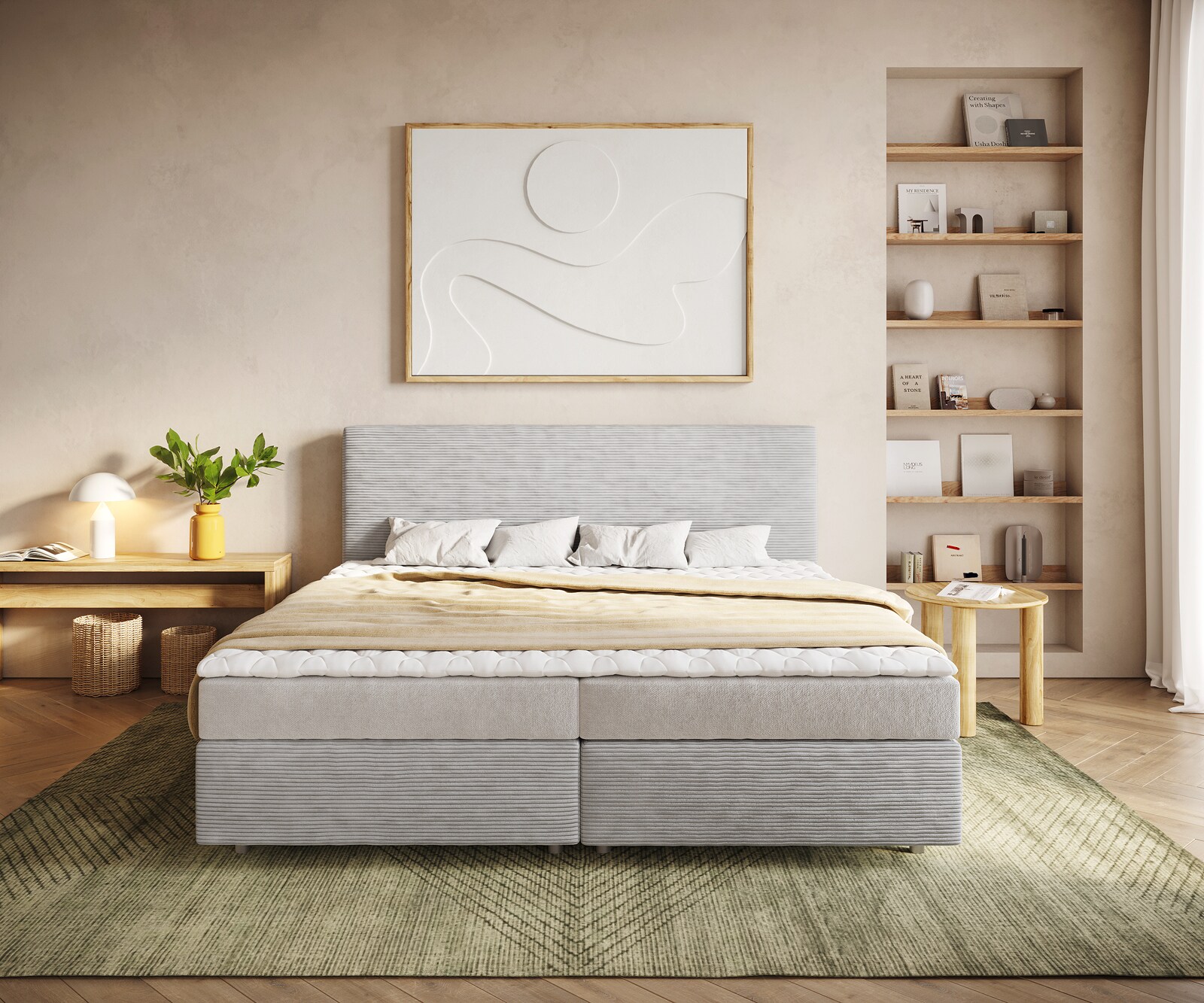 Boxspringbett Dream-Well Cord Silbergrau 200x200 cm Bonell-Matratze PU-Topper 1
