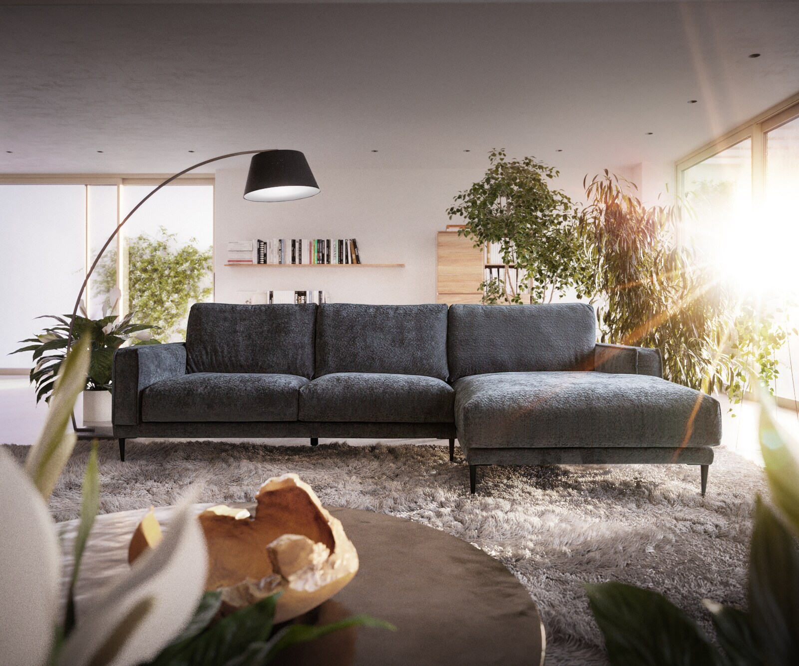 Ecksofa Sottil 290 x 165cm Chenille Grau Recamiere rechts 1