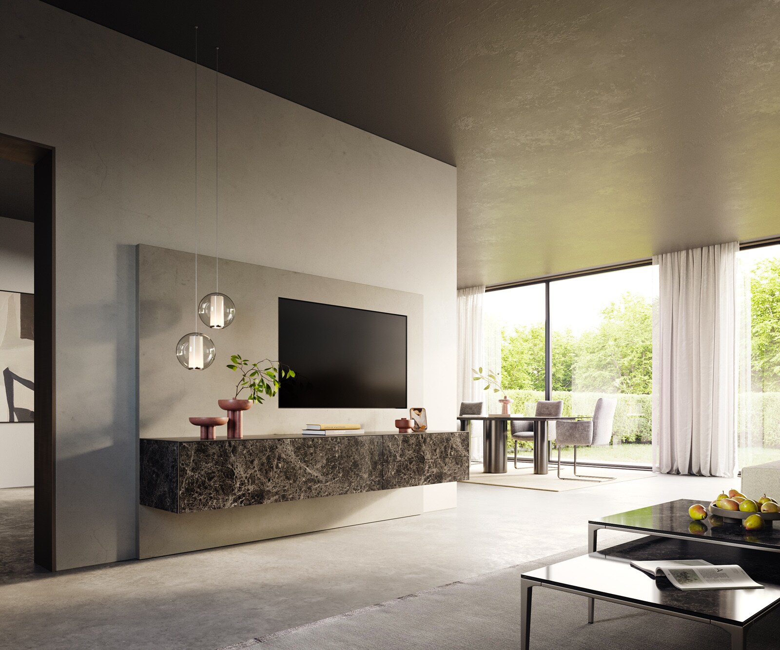 Lowboard Cuor 220 cm Keramik Laminam® Emperador Extra Lucidato Dunkelbraun 1 Klappe 2 Schubfächer Schwebend 7