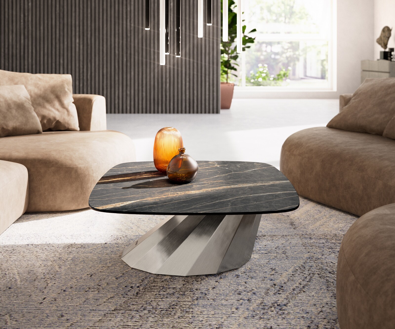 Couchtisch Edge Boot 90x90 cm Keramik Laminam® Noir Desir Braun Parabi Edelstahl gebürstet 1