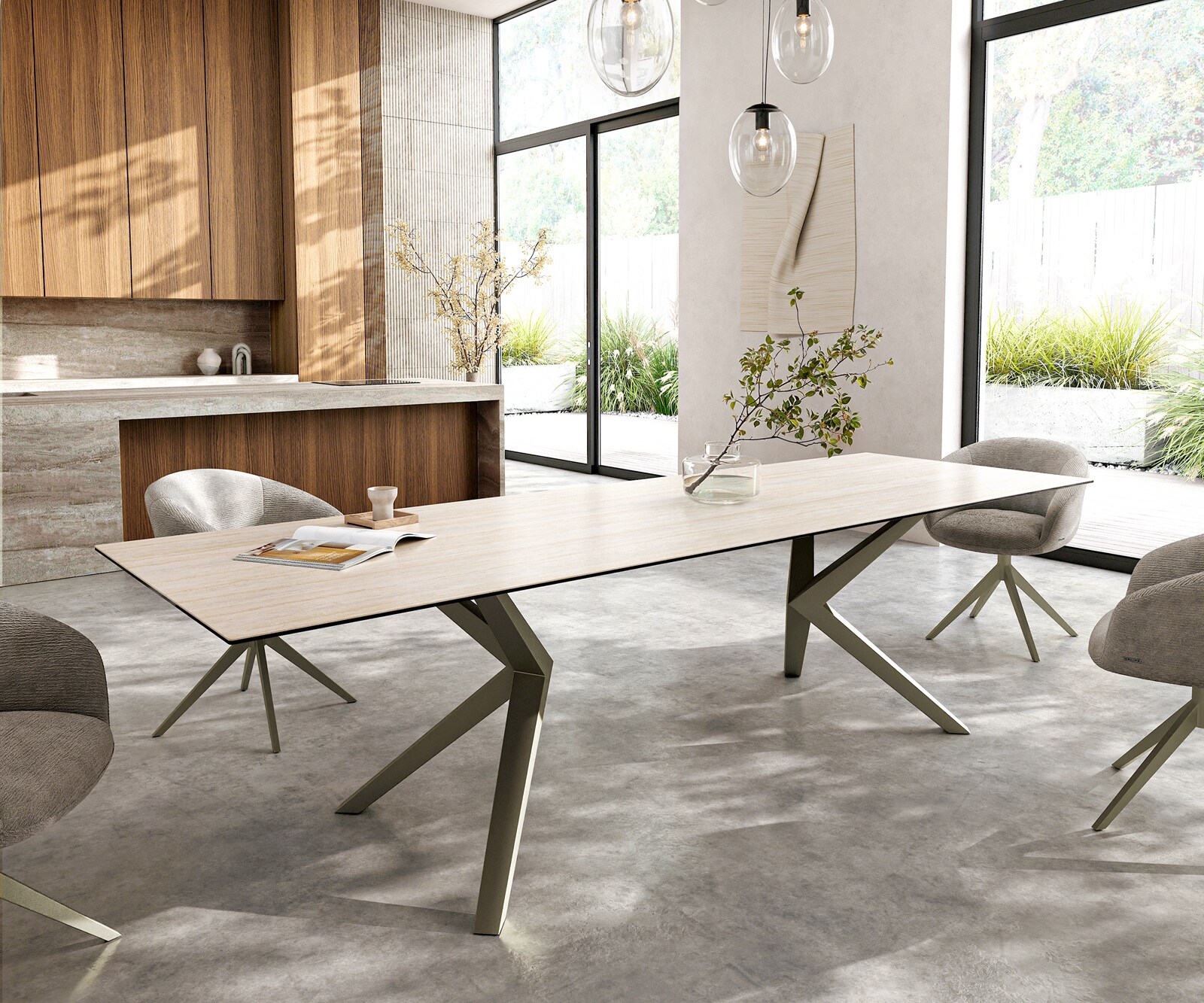 Esstisch Edge 300x100 Keramik Laminam® Travertino Bianco Creme-Weiß Zenthara kantig Metall Effektfinish Titan 1