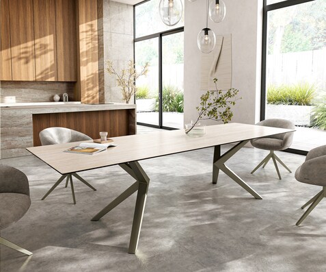 Esstisch Edge 300x100 Keramik Laminam® Travertino Bianco Creme-Weiß Zenthara kantig Metall Effektfinish Titan