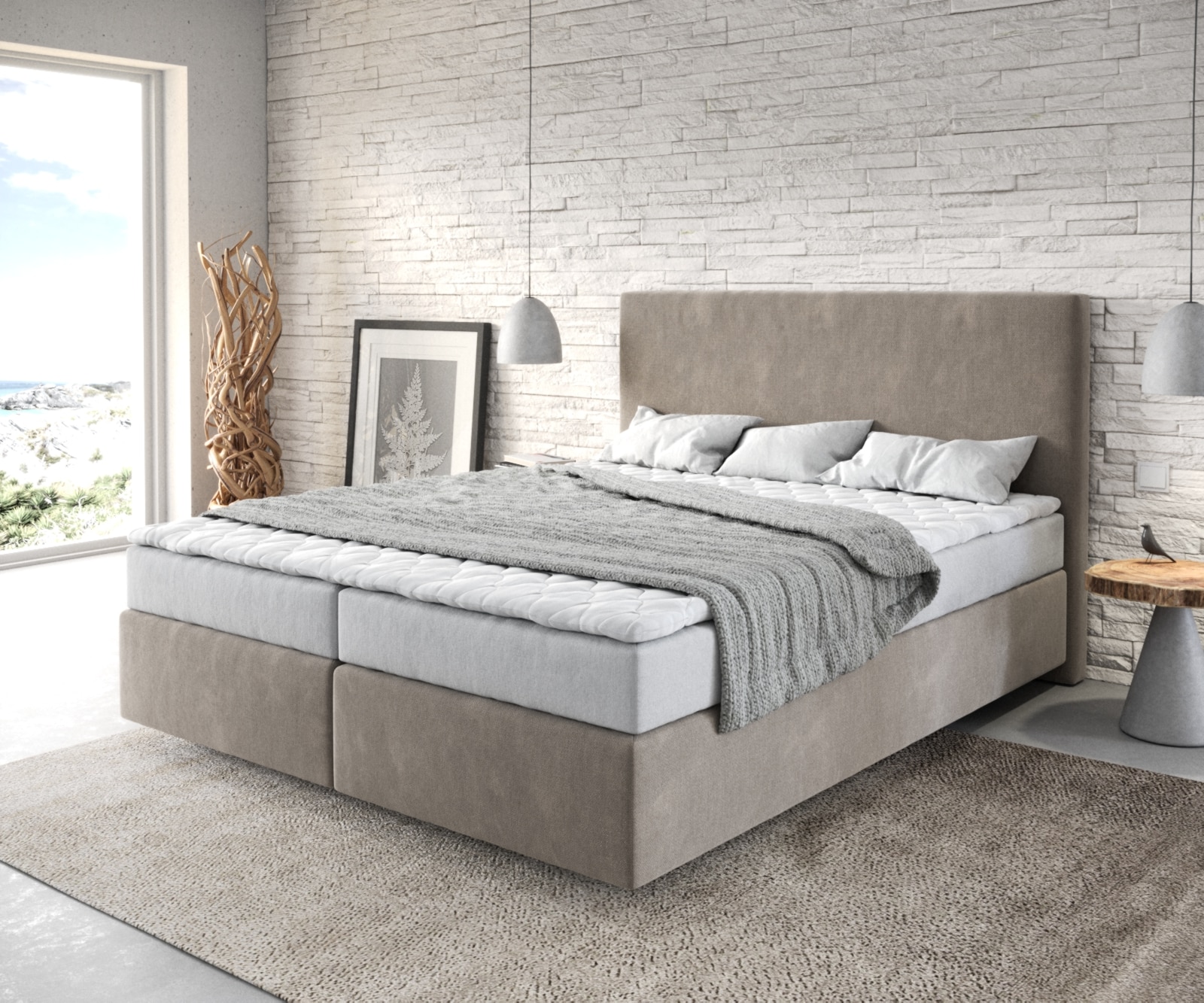 Boxspringbett Dream-Well 160x200 cm Mikrofaser Beige mit Matratze und Topper Boxspringbett Dream-Well 160x200 cm Mikrofaser Beige mit Matratze und Topper