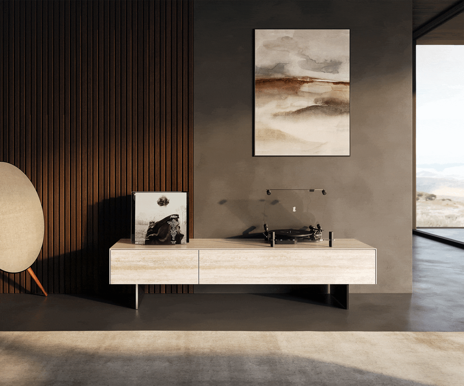 Lowboard Cuor 150 cm Keramik Laminam® Travertino Bianco Creme-Weiß 1 Klappe 1 Schubfach Fuß Schwebeoptik Metall Schwarz 1