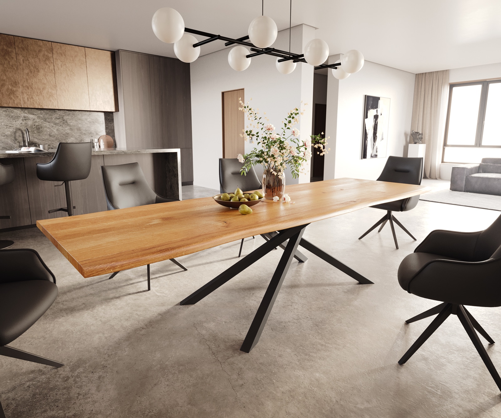 Esstisch Edge 300x100x4 Eiche Natur Kreuzgestell Rechteck Schwarz Live-Edge