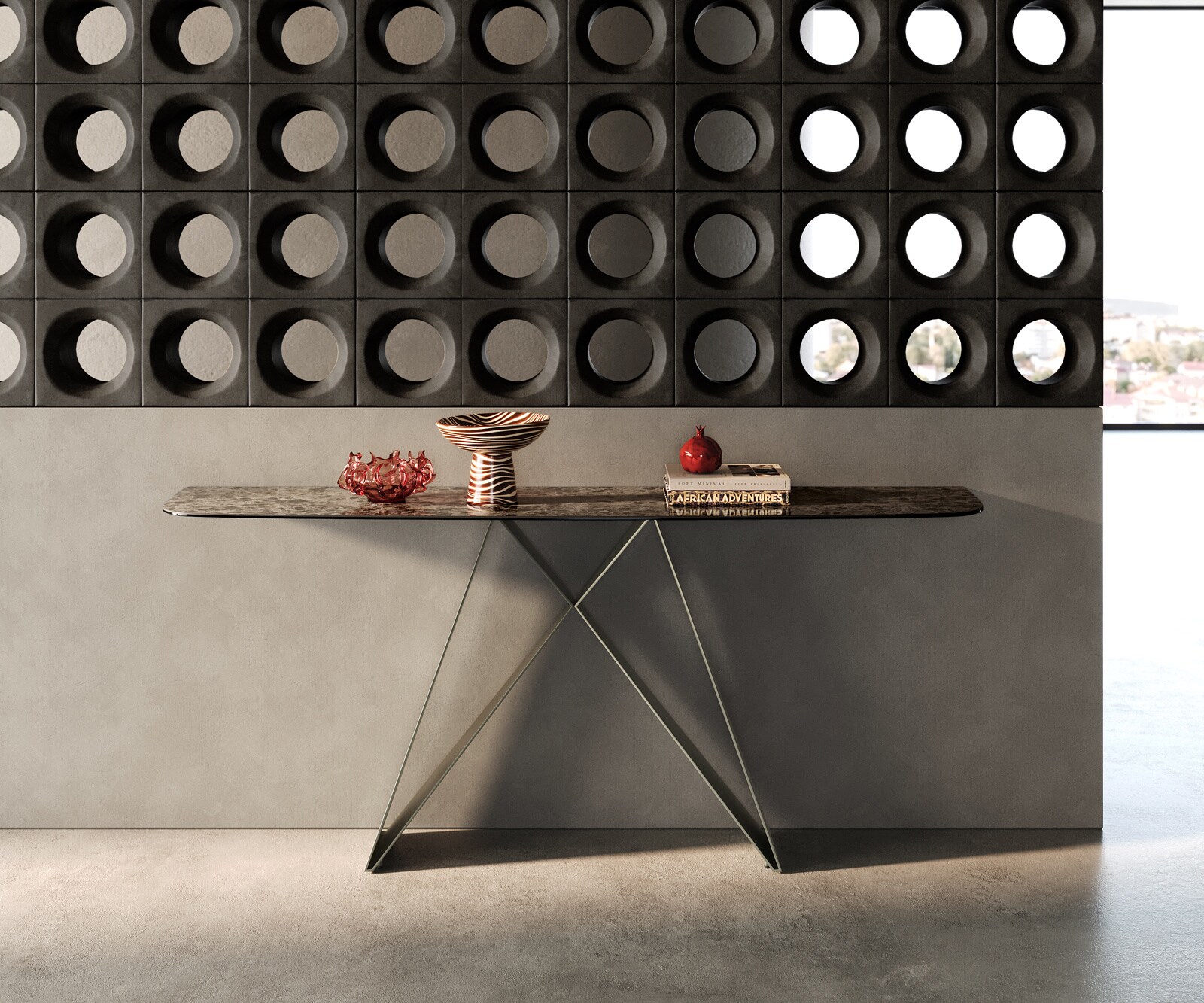 Konsolentisch Edge Boot 180x40 cm Keramik Emperador Extra Lucidato Dunkelbraun Velio Metall Effektfinish Titan