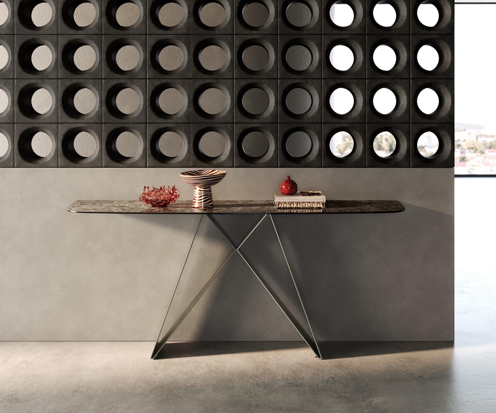 Konsolentisch Edge Boot 180x40 cm Keramik Emperador Extra Lucidato Dunkelbraun Velio Metall Effektfinish Titan