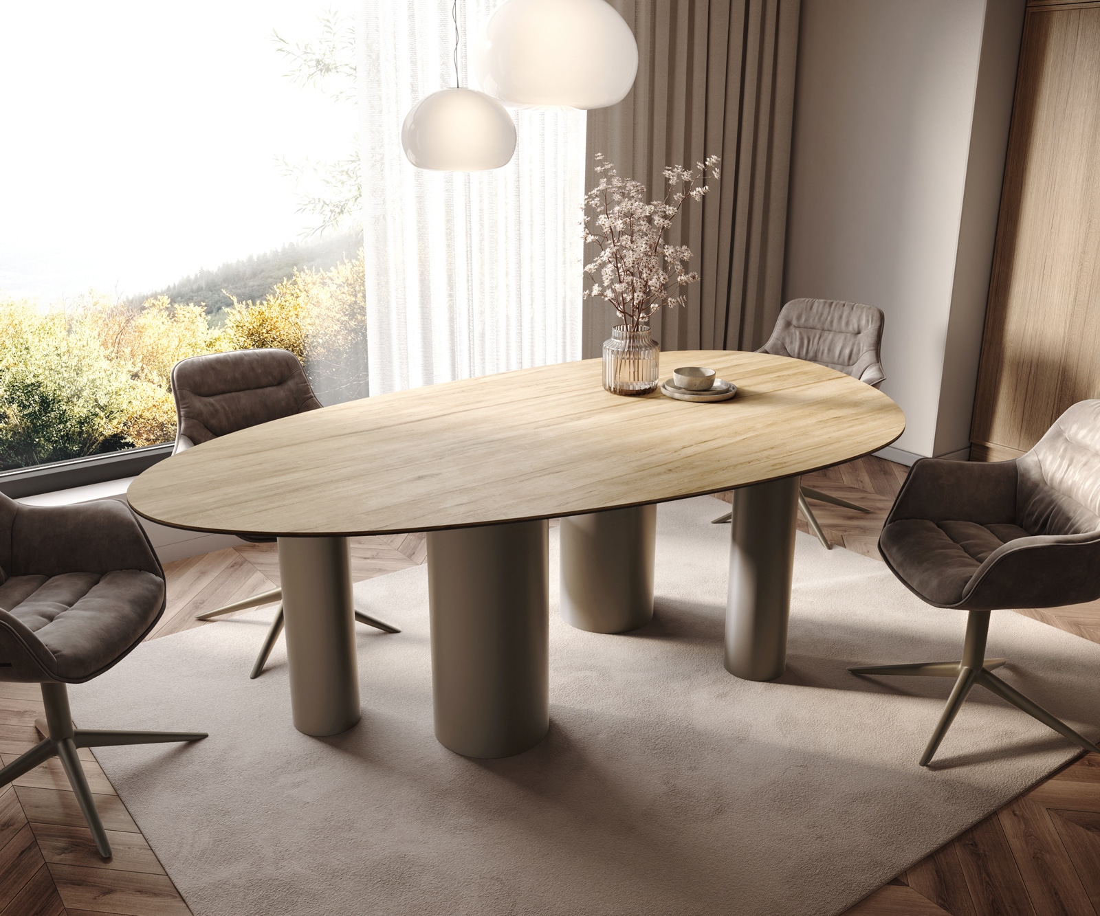 Delife Esstisch Edge Oval 220x120 Keramik Laminam® Sabbia Eichefarbig Pilier Metall Effektfinish Titan