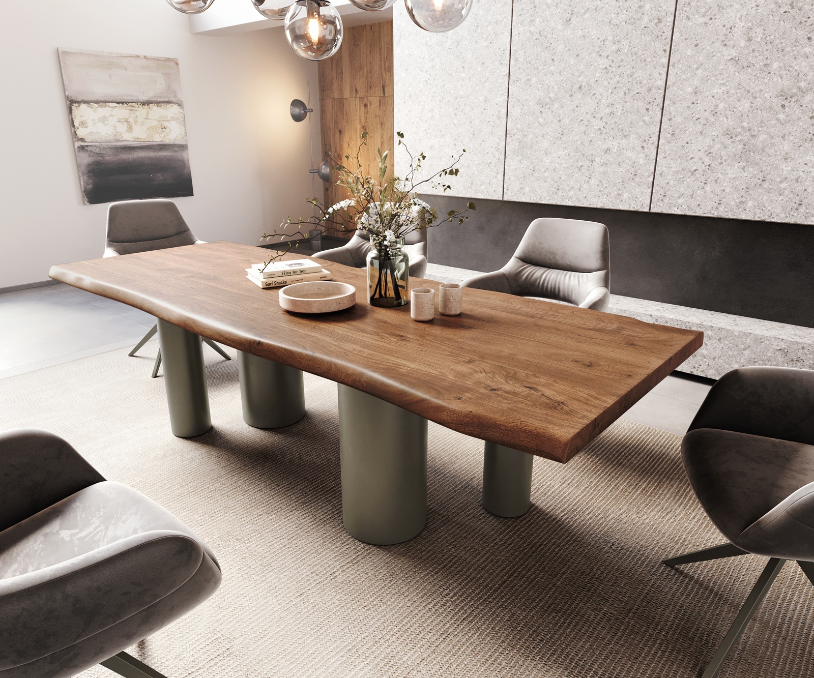 Esstisch Edge 260x100 XL Akazie Braun Pilier Metall Effektfinish Titan Live-Edge