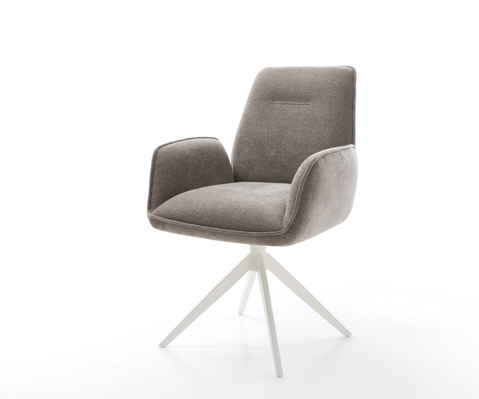 Chaise-pivotante Zoa-Flex tissu structuré doux taupe pied croisé large blanc pivotement sur 360° fonction bascule ressorts ensachés