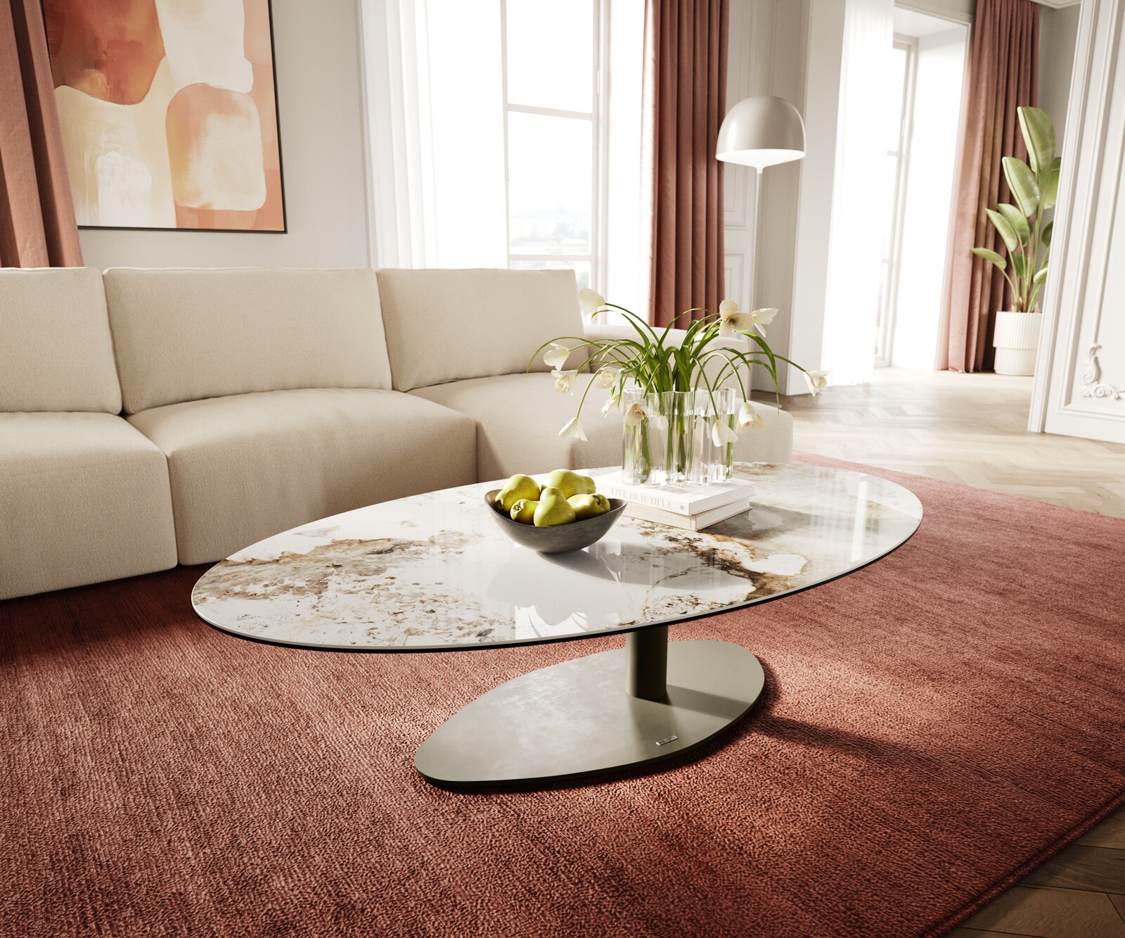 DELIFE Couchtisch Edge Oval 140x80 cm Keramik Minas Melange Vibany Metall Effektfinish Titan