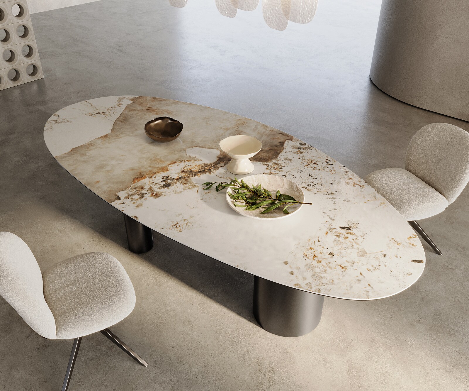 Esstisch Edge Oval 280x130 Keramik Minas Melange Weiß-Beige Troa Edelstahl Graphit 1
