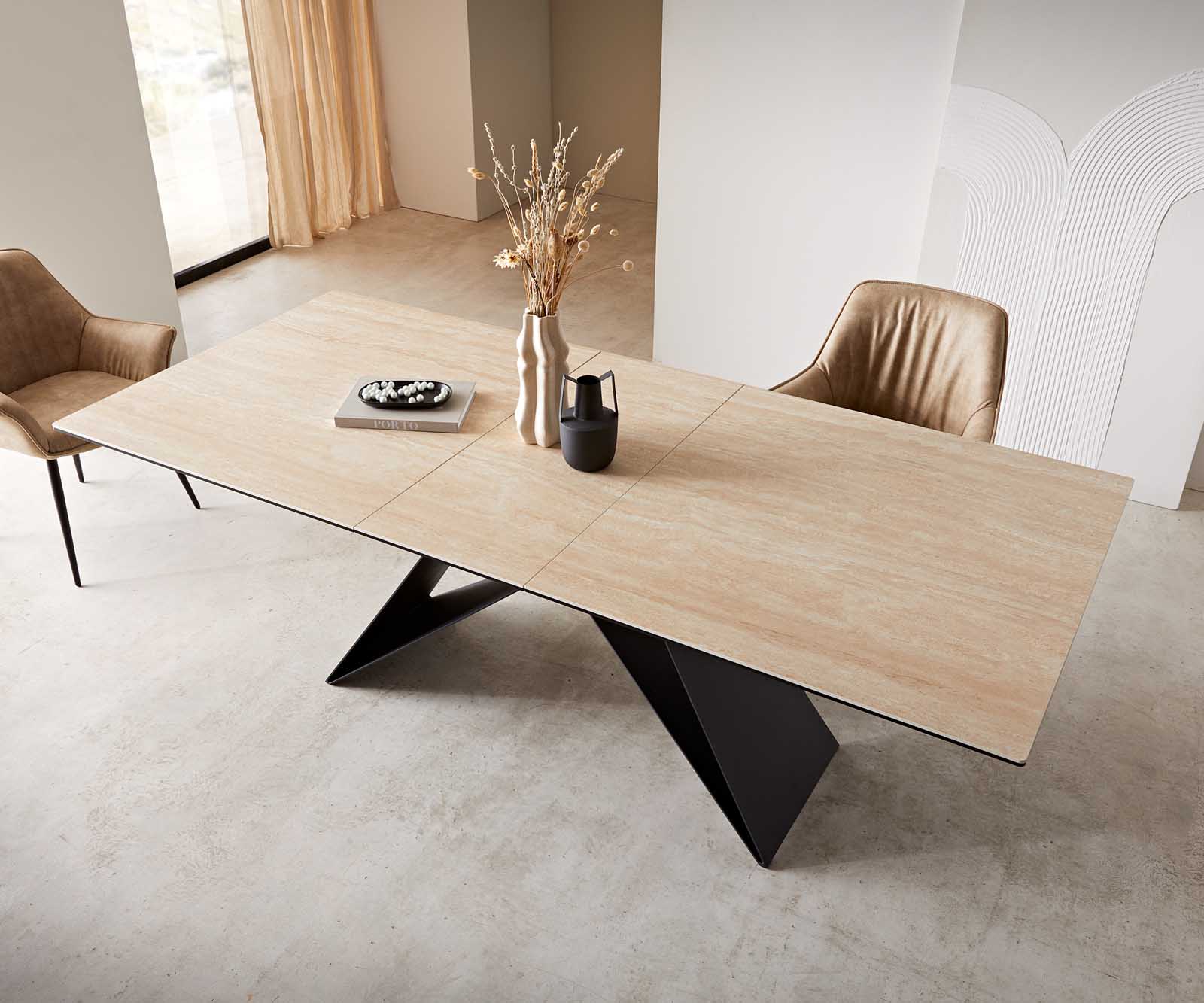 Esstisch Edge 180-220x100 Keramik Travertin Natur V-Gestell Flachstahl Schwarz ausziehbar 4