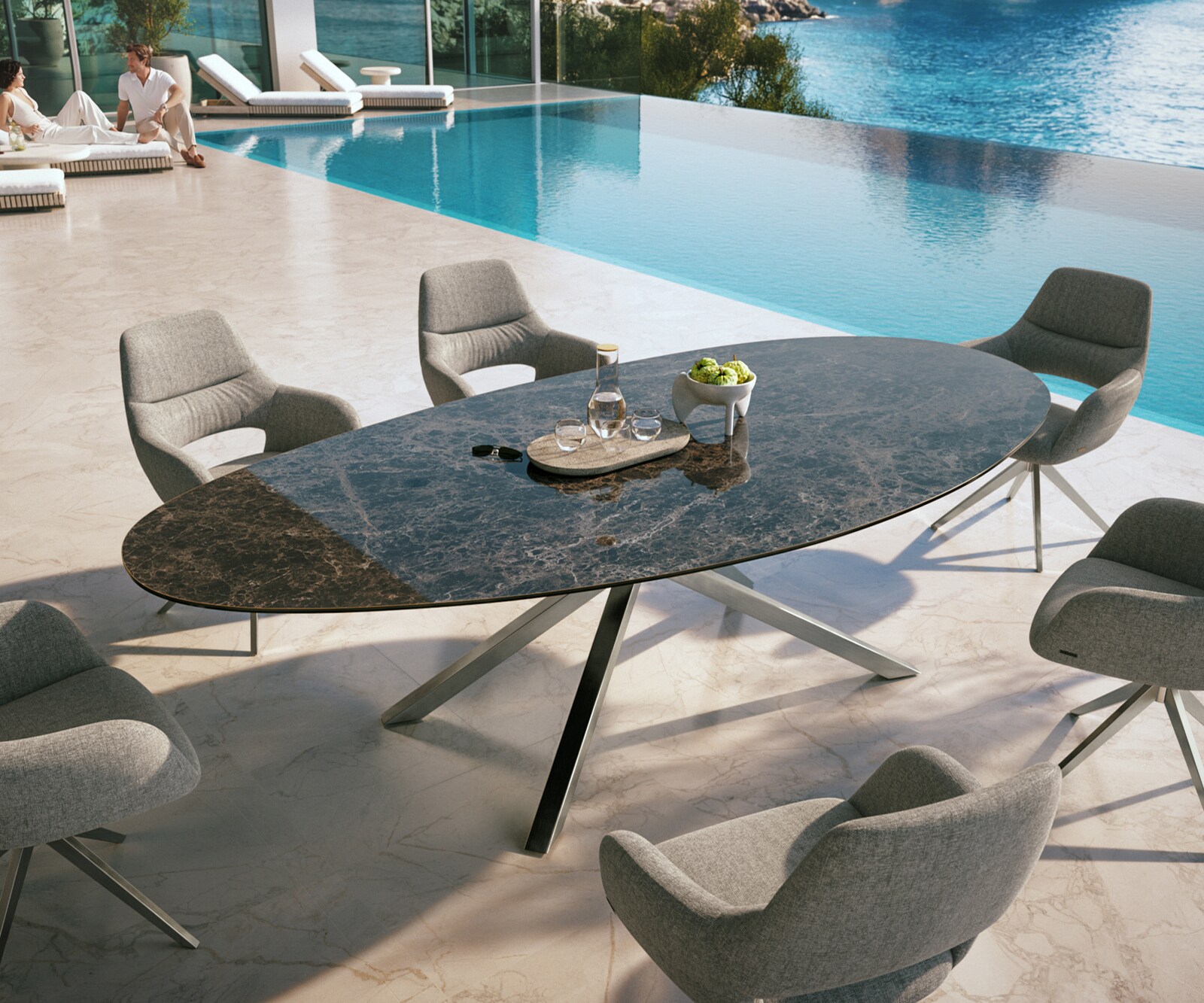 Outdoortisch Edge Oval 280x130 cm Keramik Laminam® Emperador Extra Lucidato Dunkelbraun Kreuzgestell Rechteck Edelstahl