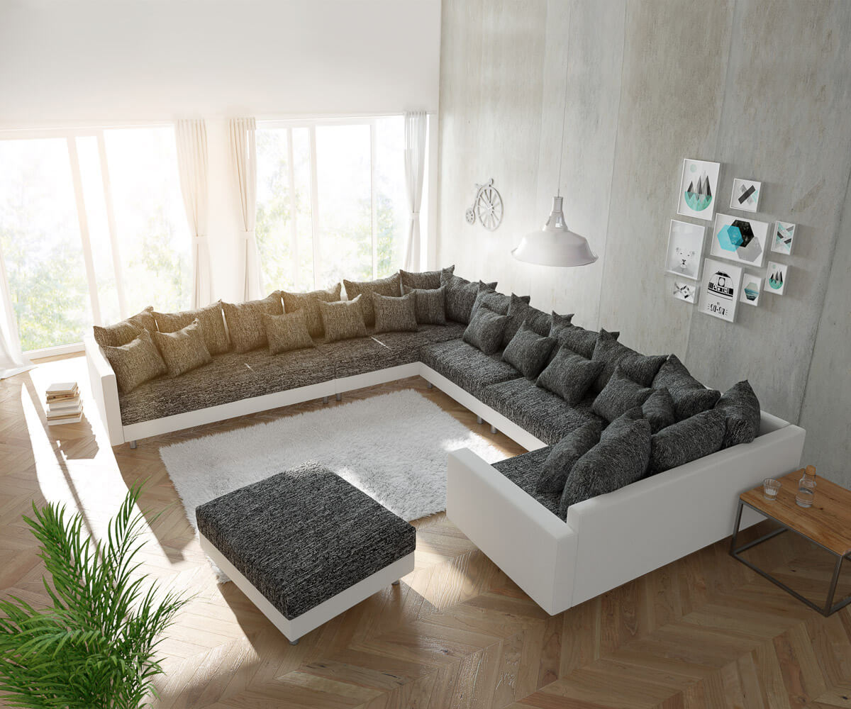 Wohnlandschaft Clovis XXL Weiss Schwarz mit Hocker und Armlehne Ottomane Links Wohnlandschaft Clovis XXL Weiss Schwarz mit Hocker und Armlehne Ottomane Links