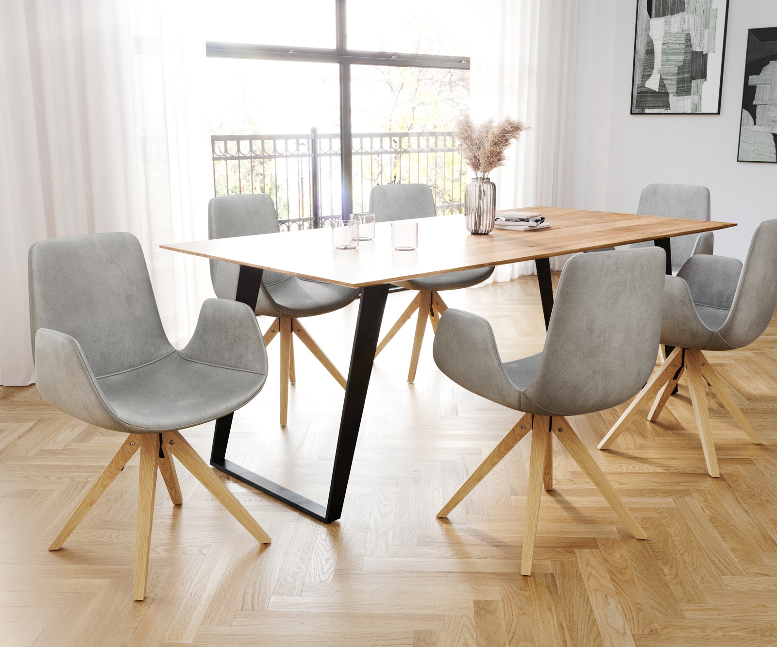 Esszimmerstuhl Ilia-Flex mit Armlehnen Samt Grau Holzgestell kantig Natur 3 Esszimmerstuhl Ilia-Flex mit Armlehnen Samt Grau Holzgestell kantig Natur 3