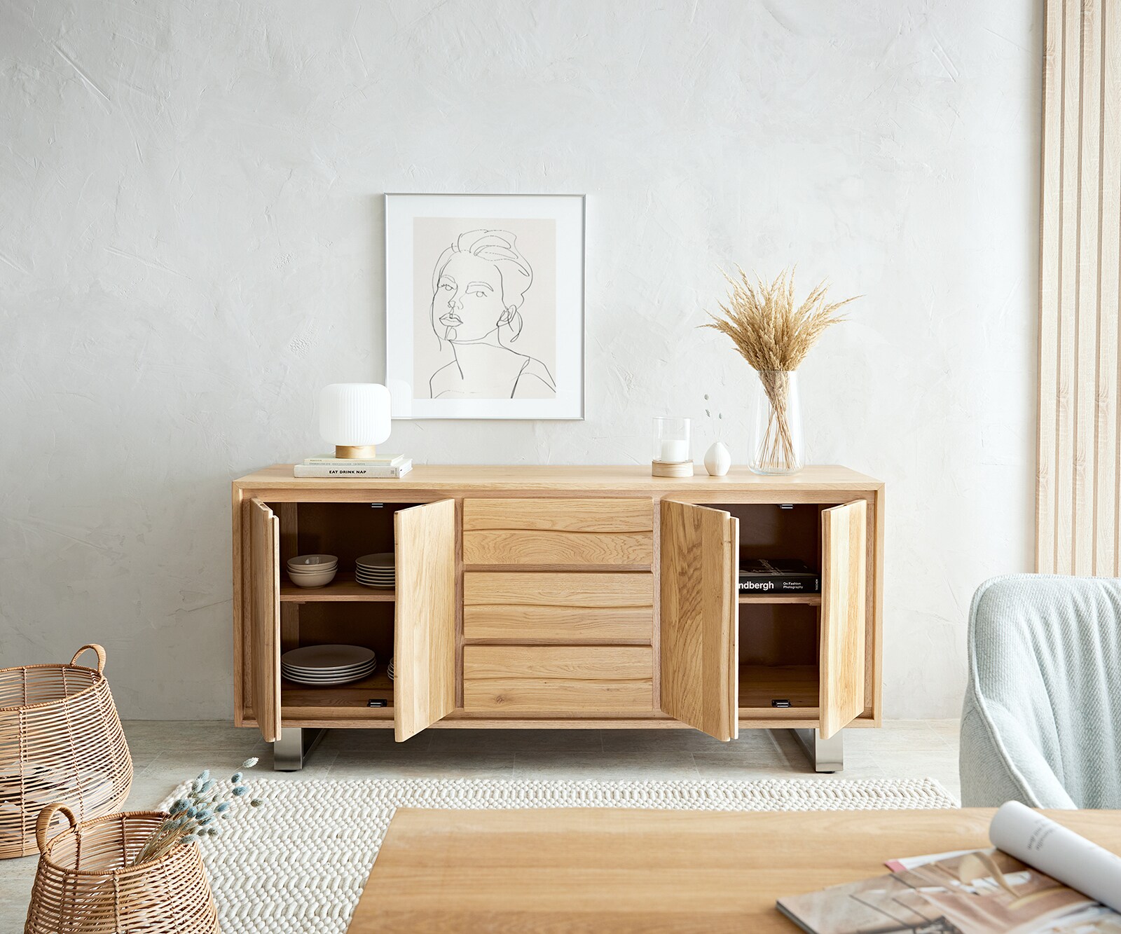 Sideboard Live-Edge 170 cm Eiche Natur 3 Schübe 4 Türen 4