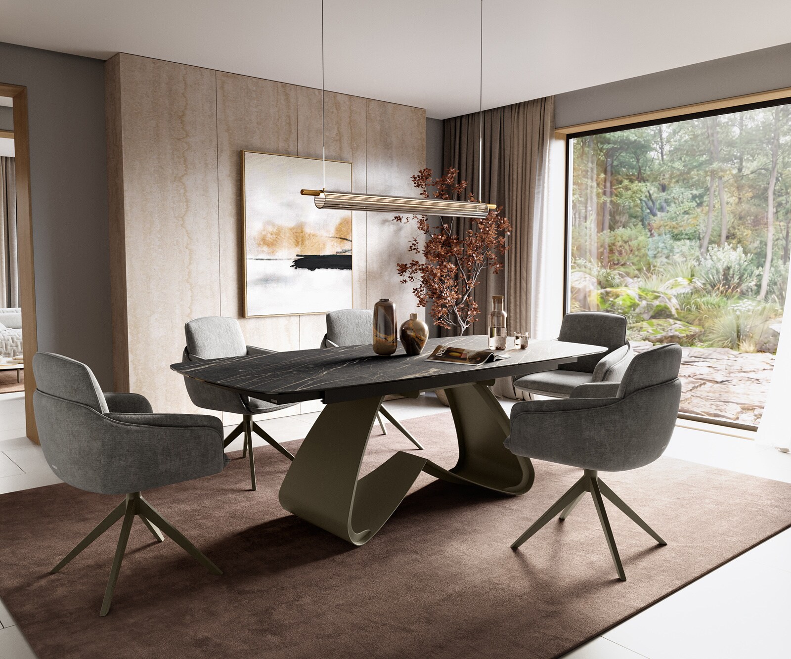 Esstisch Edge Boot 180-220x100 cm Laminam® Keramik Noir Desir Braun W-Gestell Metall Effektfinish Titan ausziehbar 6