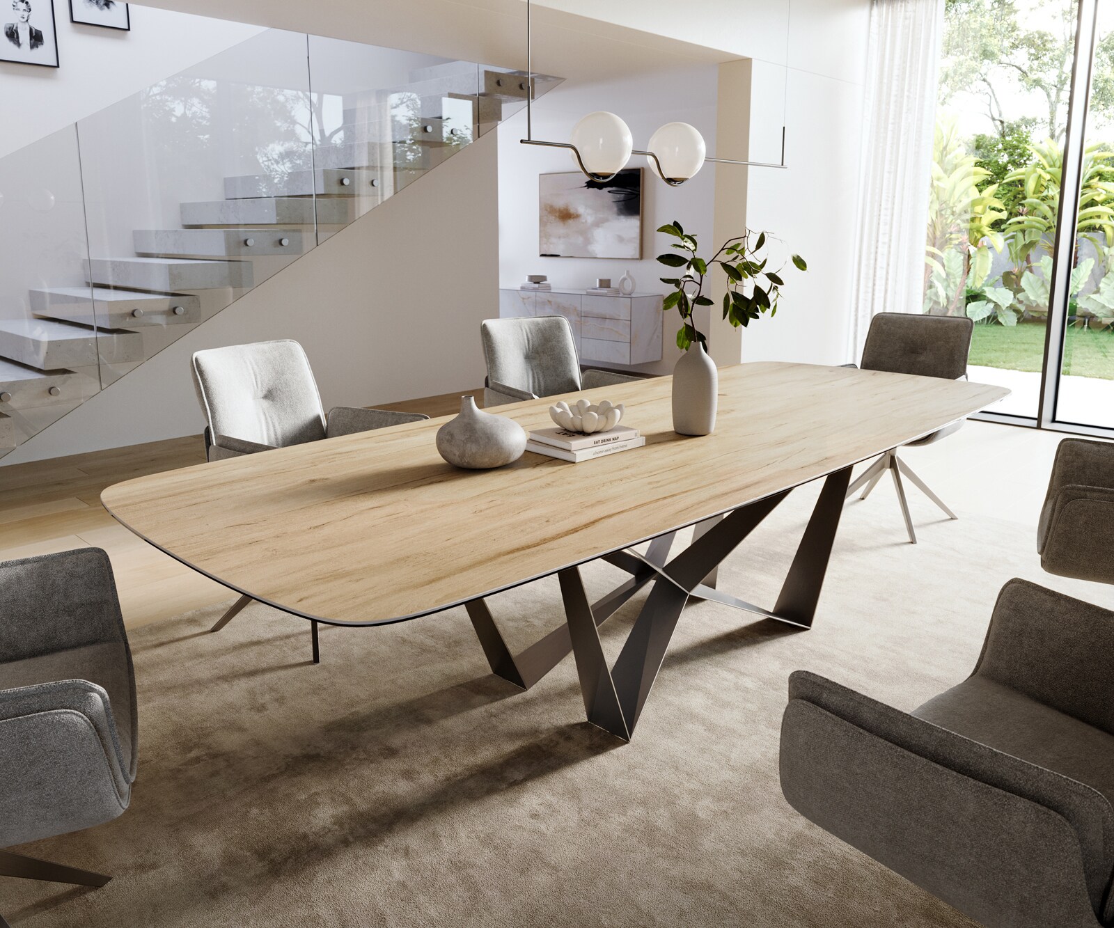 Esstisch Edge Boot 300x120 cm Keramik Laminam® Sabbia Eichefarbig Spider Flachstahl Edelstahl Graphit 1