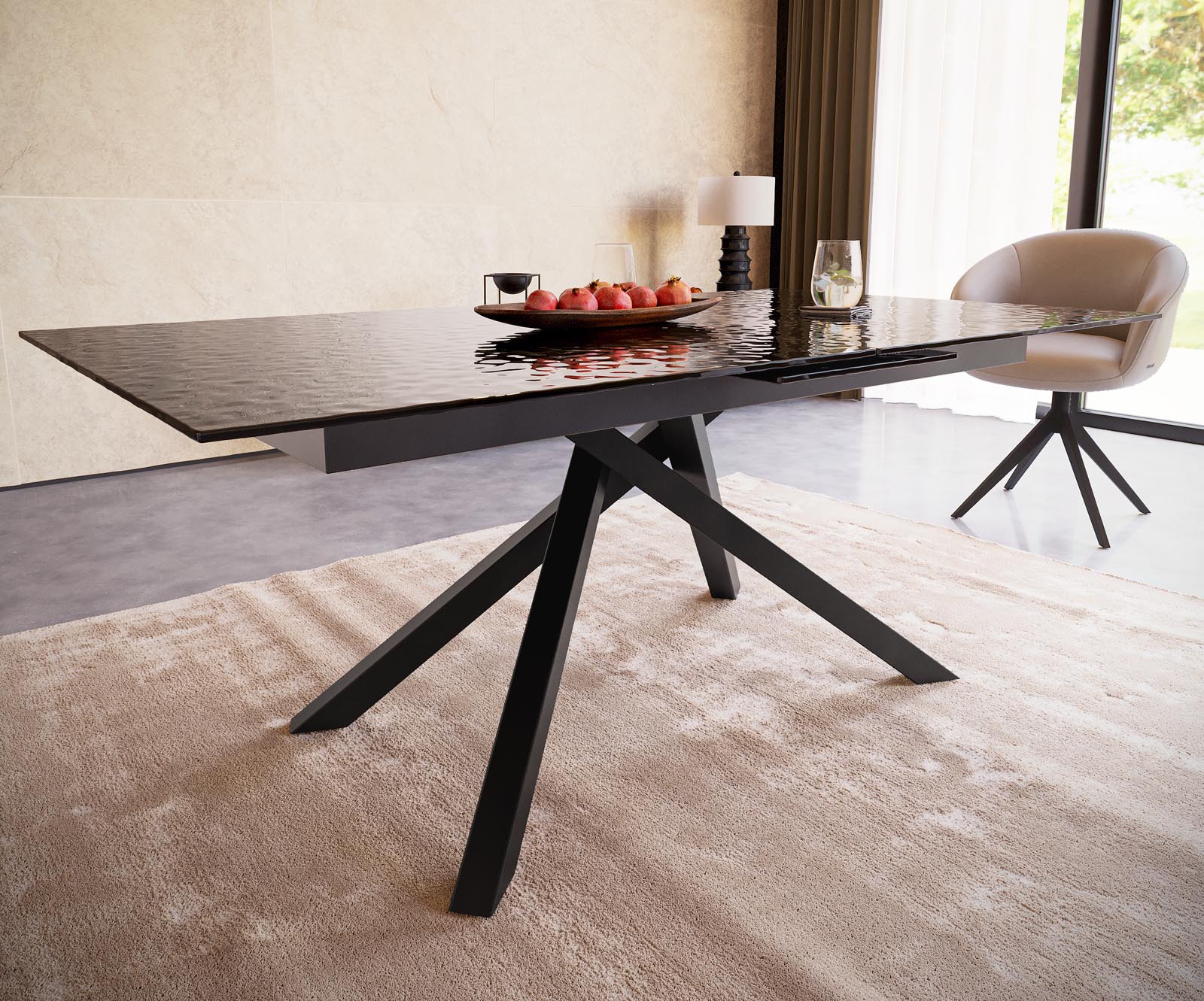 Esstisch Edge 180-220x100 Reliefglas Rauchschwarz 3D-Design Kreuzgestell Rechteck Schwarz ausziehbar 4 Esstisch Edge 180-220x100 Reliefglas Rauchschwarz 3D-Design Kreuzgestell Rechteck Schwarz ausziehbar 4