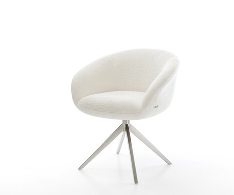 Drehstuhl Vinka-Flex mit Armlehnen Bouclé Soft Beige Kreuzgestell breit Edelstahl 360° drehbar Wippfunktion Taschenfederkern