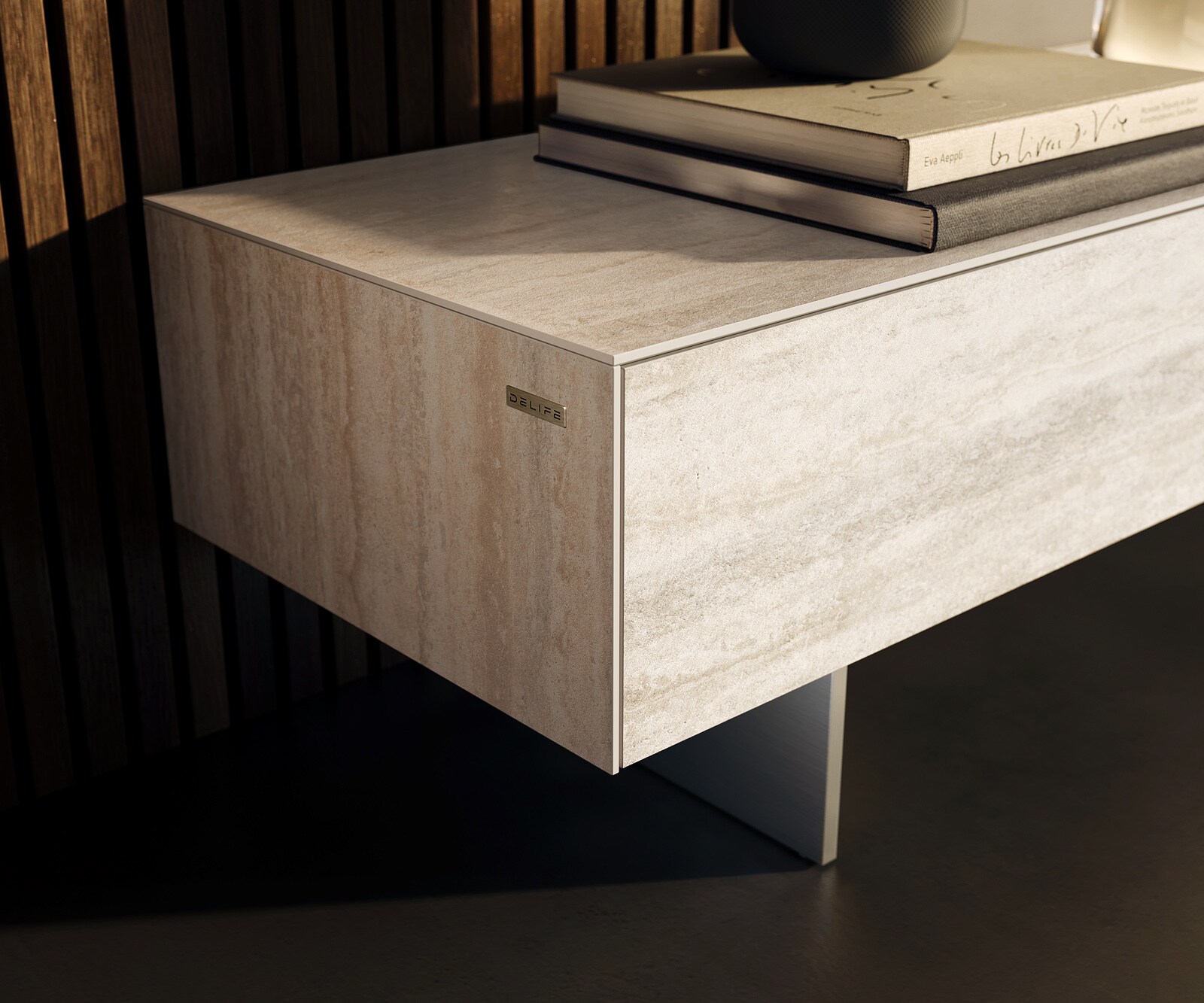 Lowboard Cuor 250 cm Keramik Laminam® Travertino Bianco Creme-Weiß 1 Klappe 1 Schubfach Fuß Schwebeoptik Edelstahl 5