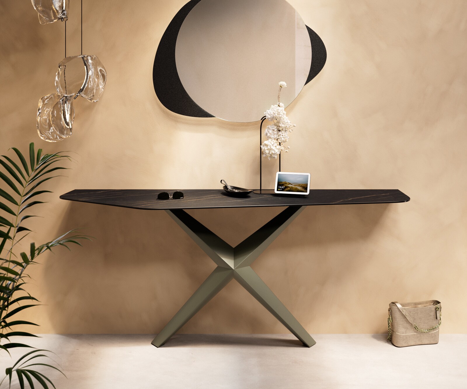 DELIFE Konsolentisch Edge Polygonal 180x50 cm Keramik Laminam Noir Desir Braun Zentharo Metall Effektfinish Titan, Konsolentische - B180 x T50 x H79