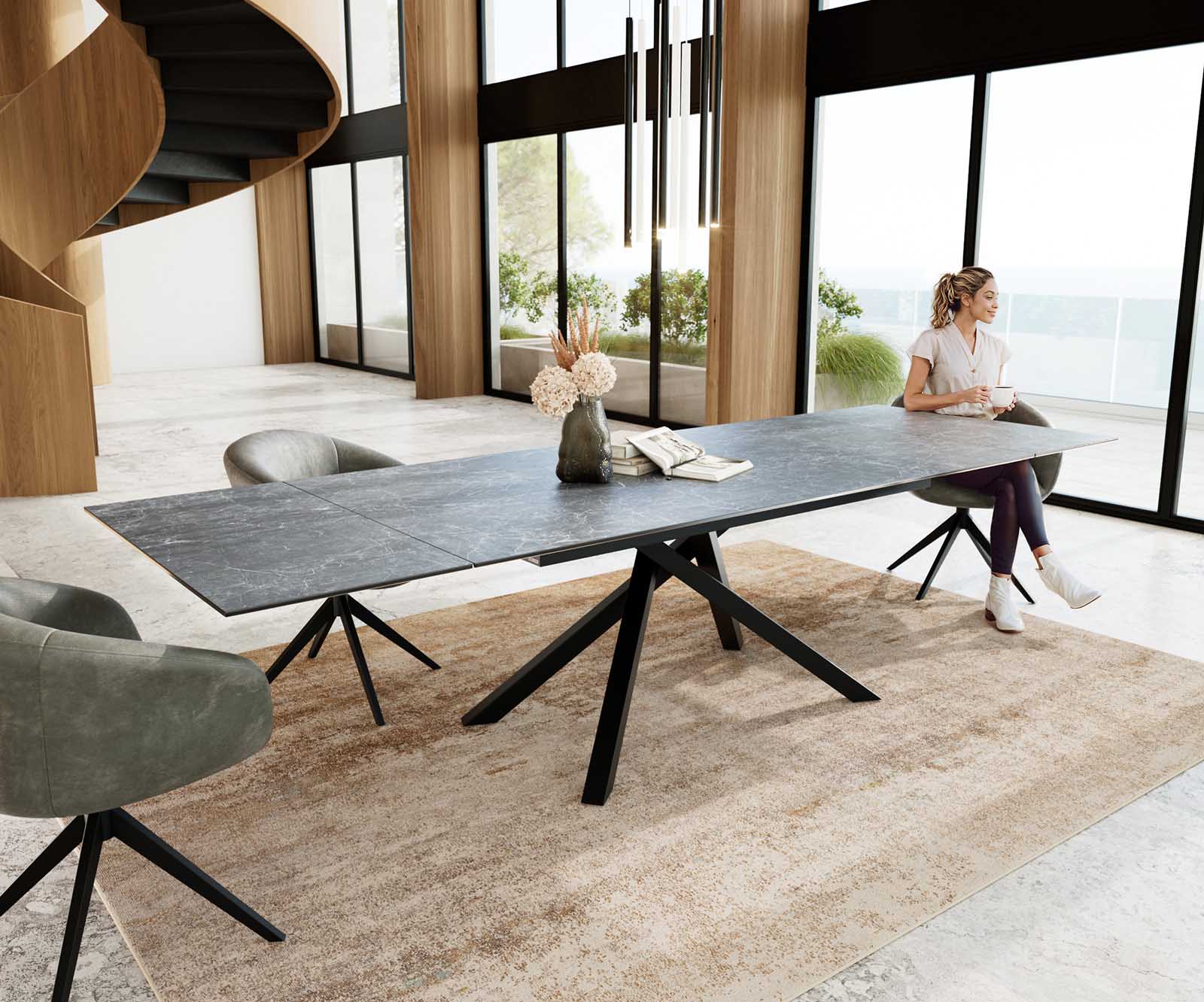 Esstisch Edge 200-300x100 Keramik Laminam®Nero Greco Anthrazit Kreuzgestell Rechteck Schwarz ausziehbar 5