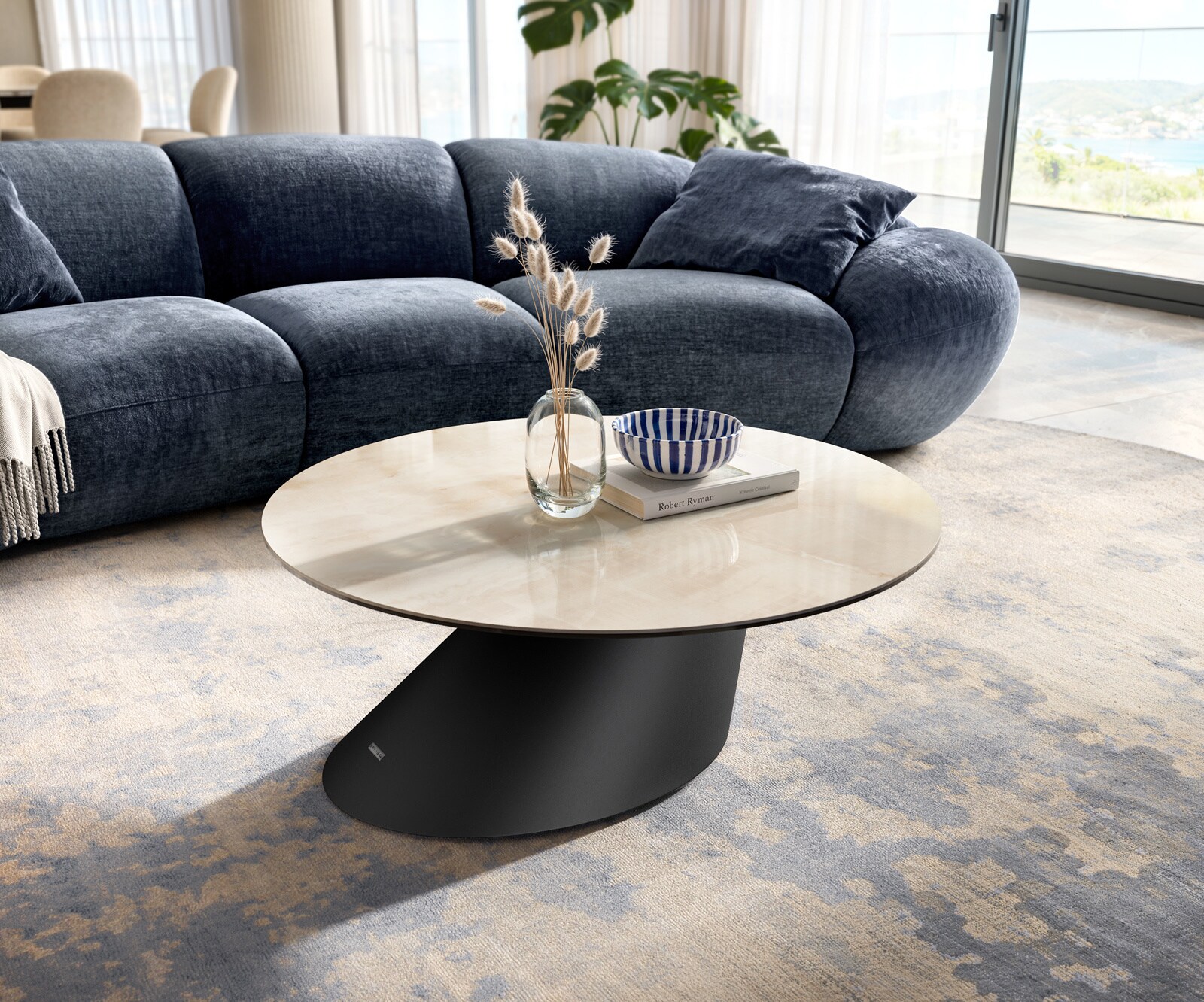 Couchtisch Edge Rund 90x90 cm Keramik Onyx Champagne Conis Metall Schwarz