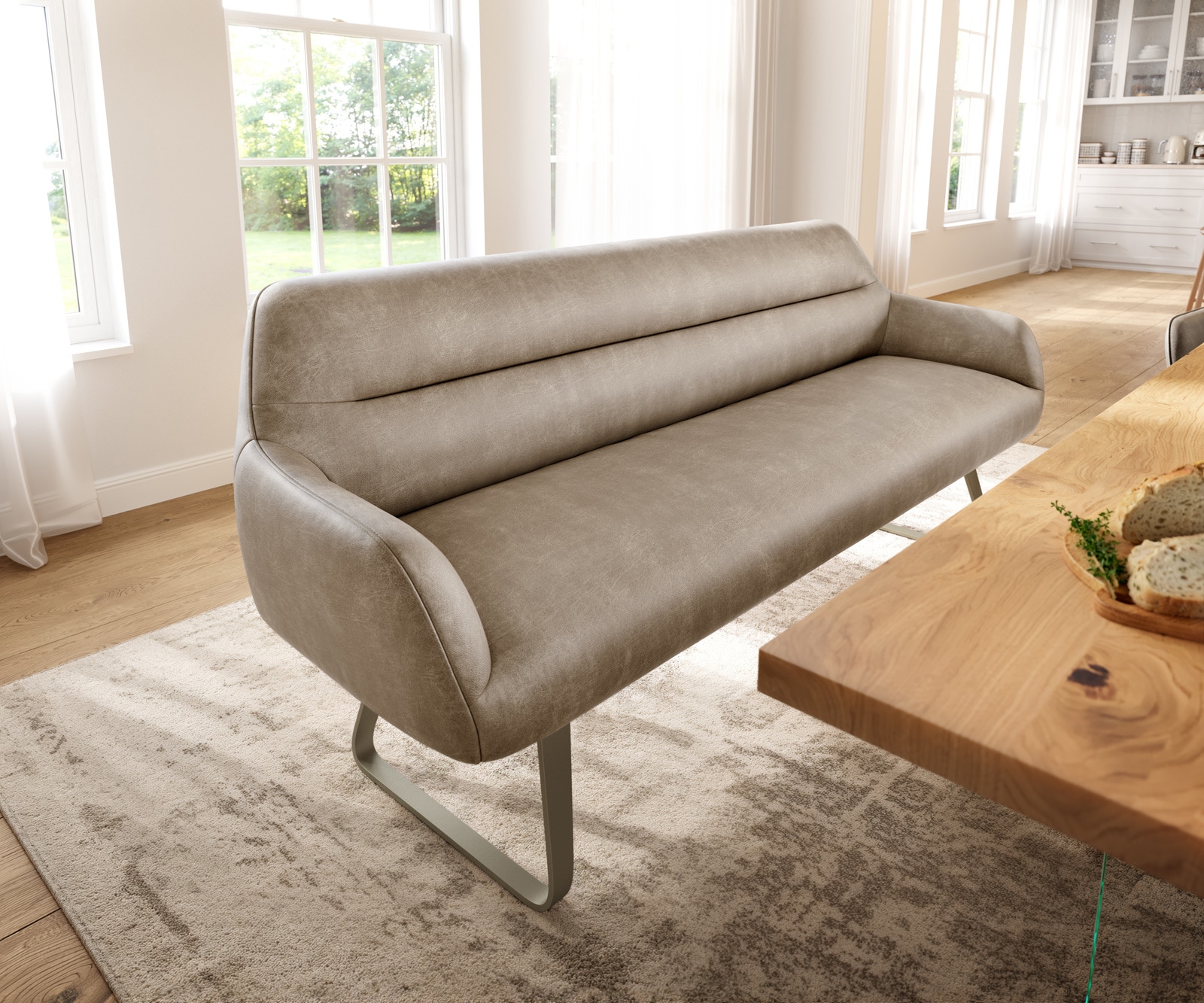 Esszimmerbank Taya-Flex 200 cm Mikrofaser Beige Vintage Kufengestell flach Effektfinish Titan Taschenfederkern