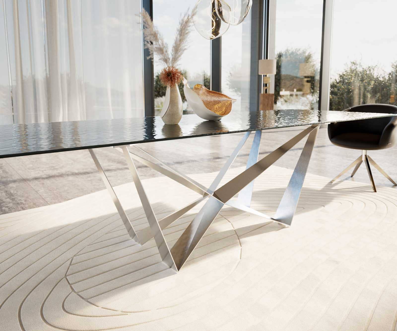 Esstisch Edge 300x100 Reliefglas Rauchschwarz 3D-Design Spider Flachstahl Edelstahl 6 Esstisch Edge 300x100 Reliefglas Rauchschwarz 3D-Design Spider Flachstahl Edelstahl 6