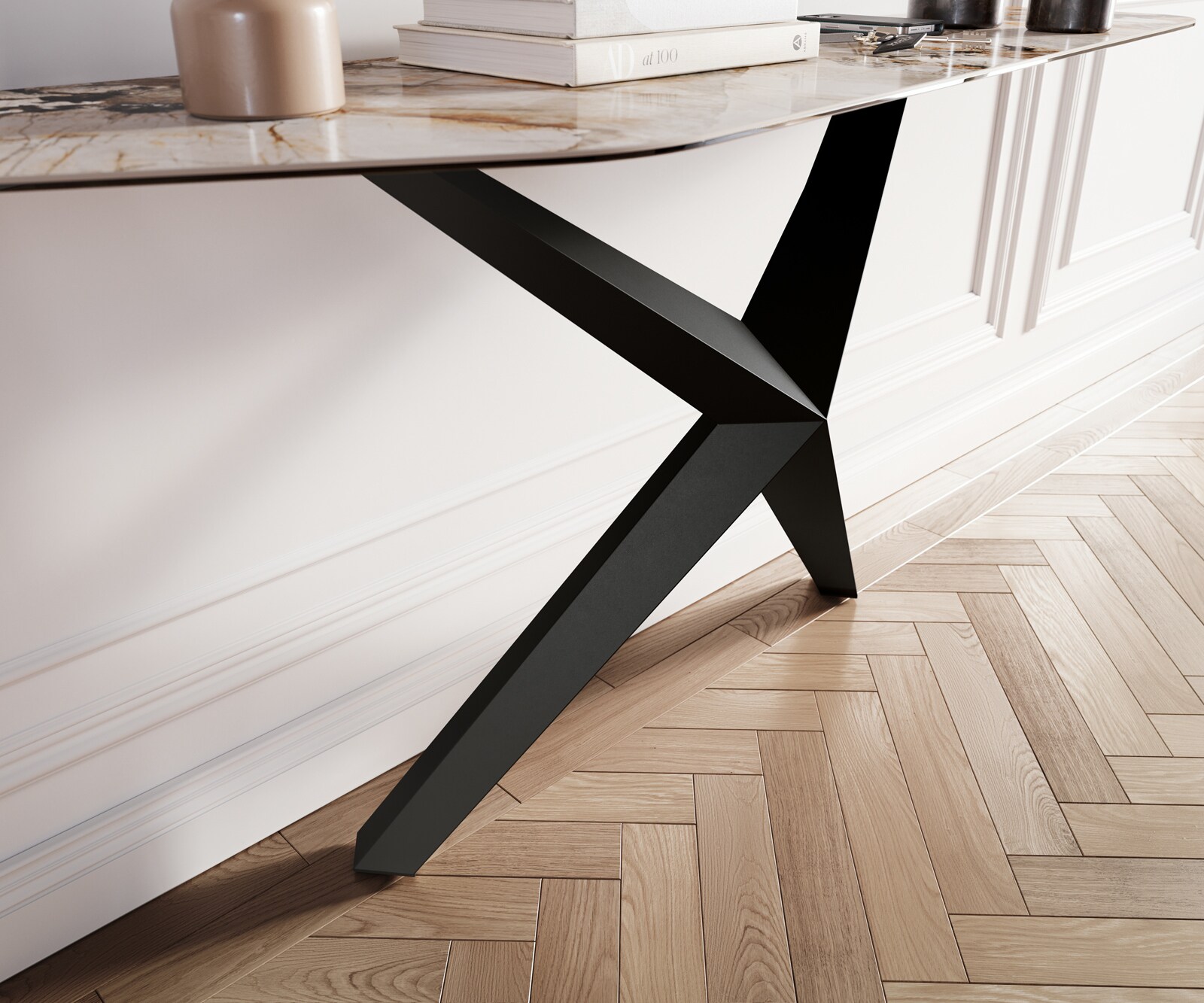 Konsolentisch Edge Polygonal 180x50 cm Keramik Patagonia Poliert Zentharo Metall Schwarz 5
