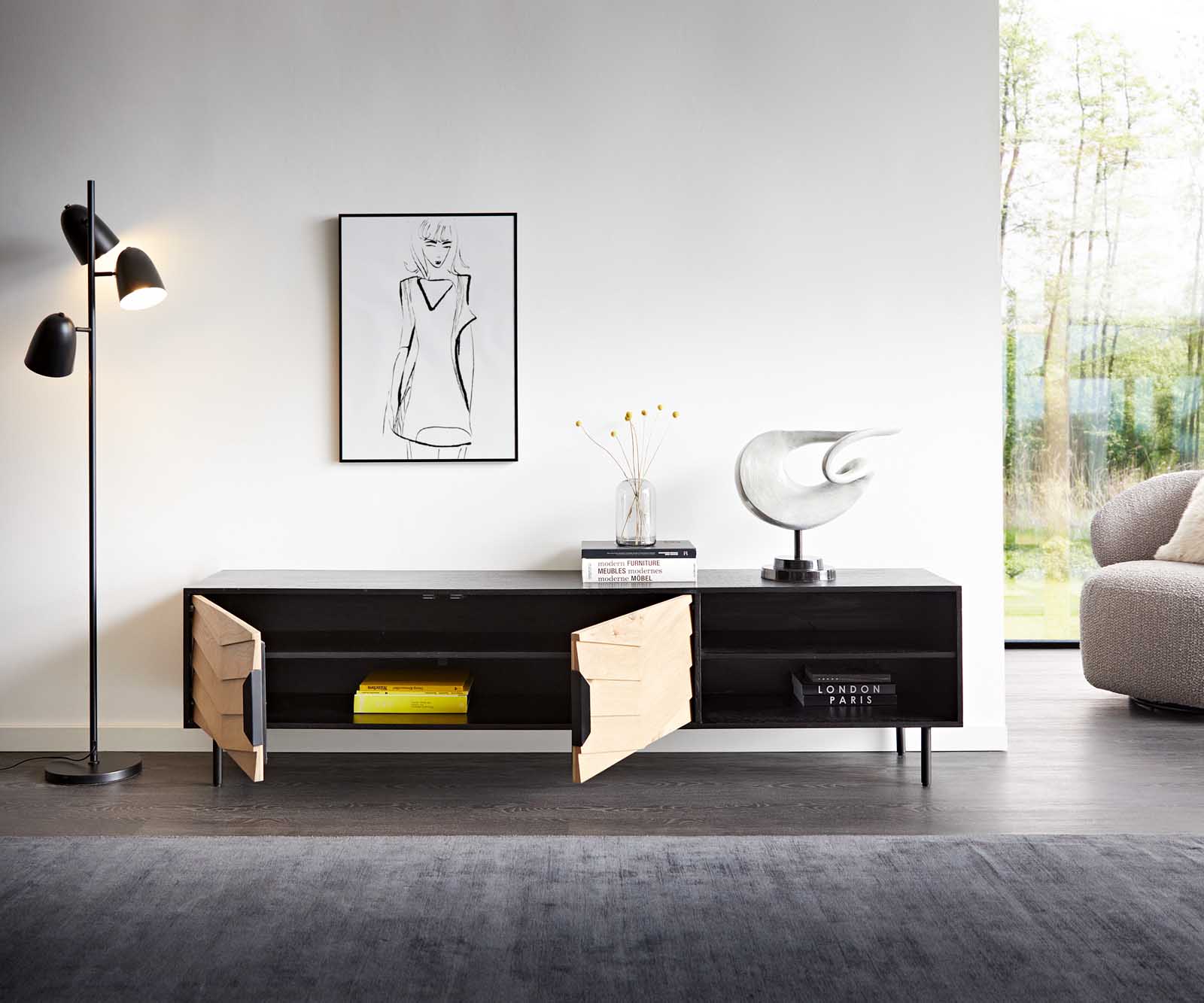 Lowboard Muvi 200 cm Eiche Natur Mango Schwarz Metall Schwarz 2 Türen 2 Fächer 3