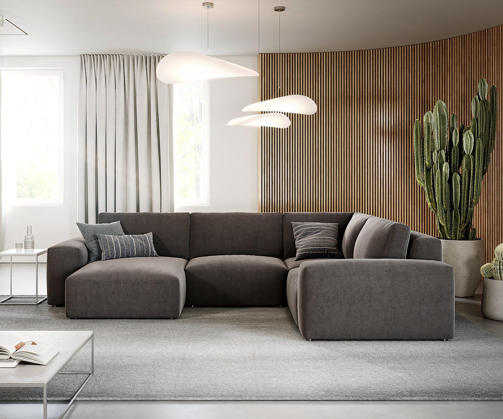 Wohnlandschaft Lanzo 300x210 cm Mikrofaser Khakibraun Recamiere variabel 2