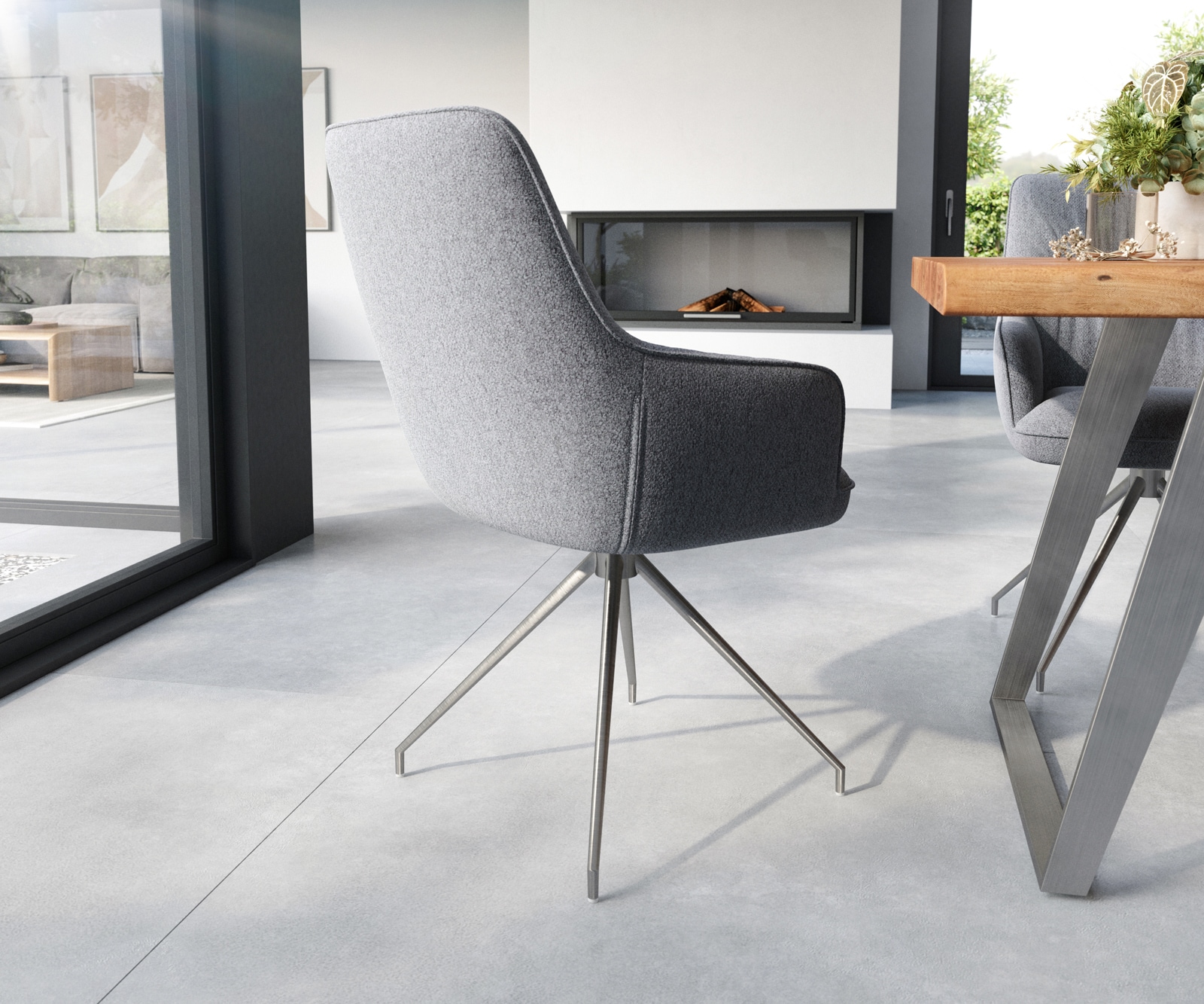 Esszimmerstuhl Zelia-Flex mit Armlehnen Strukturstoff Hellgrau Kreuzgestell konisch Edelstahl Taschenfederkern 5